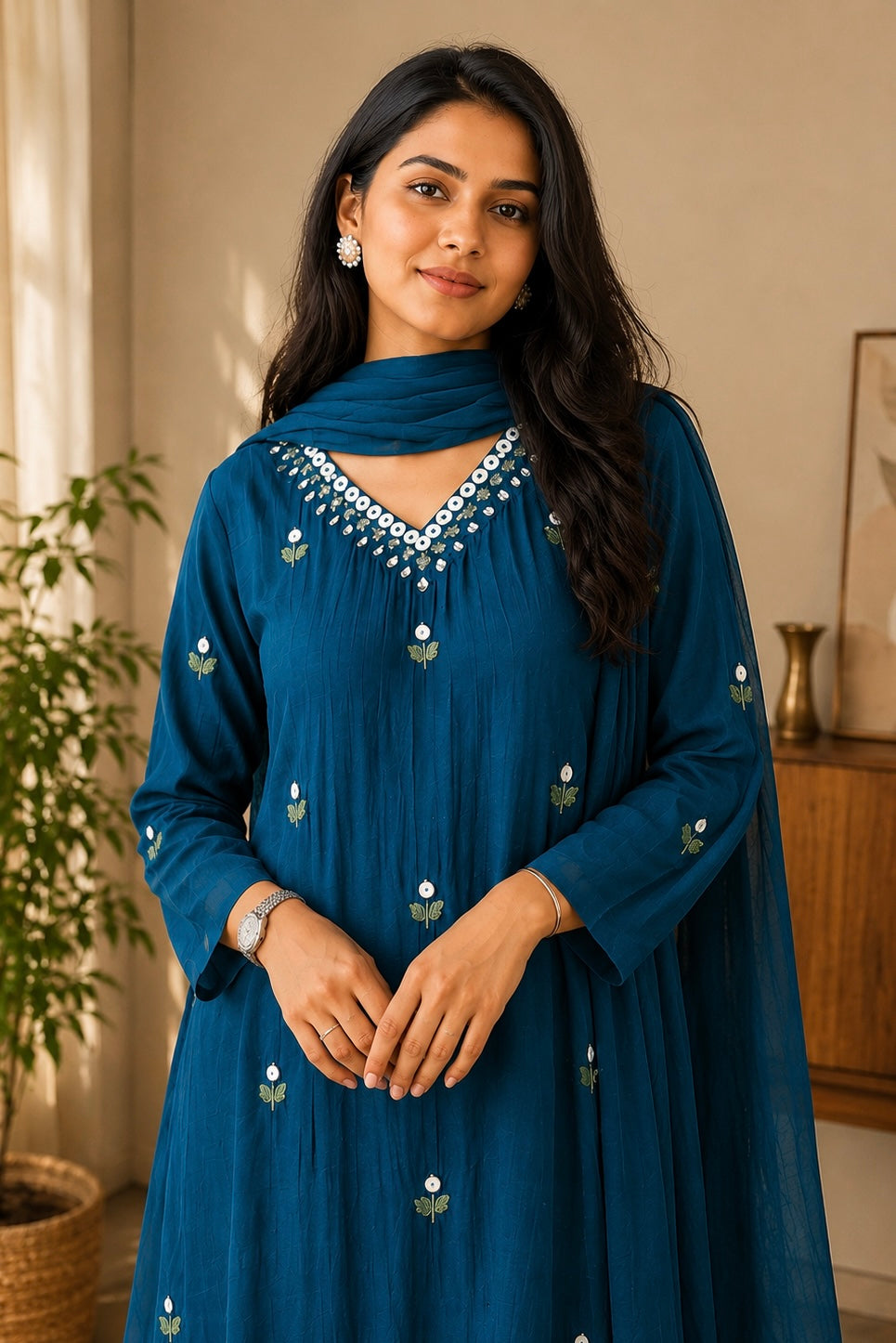 ✨”Ruby - Premium Blue Mul Chanderi A-Line Kurta Set