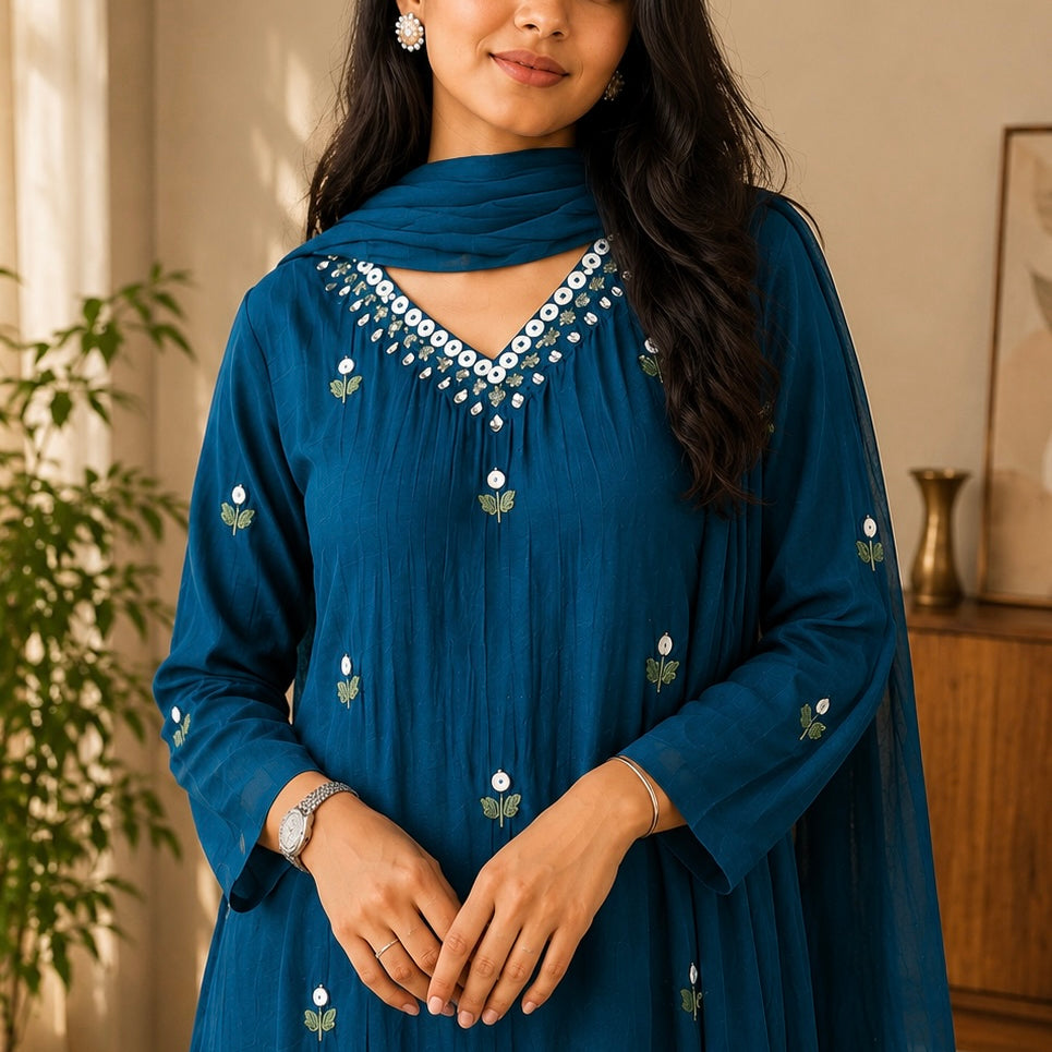 ✨”Ruby - Premium Blue Mul Chanderi A-Line Kurta Set