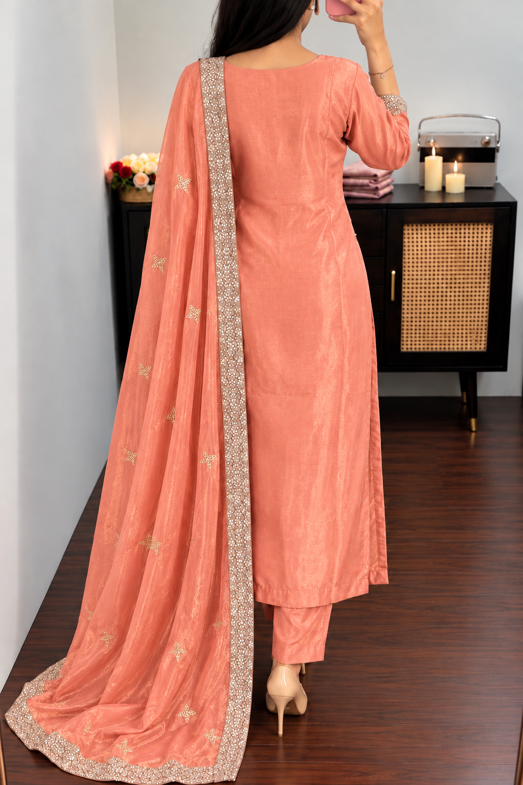 “SHINE” Beautiful Peach with gold shimmer tissue kurta set