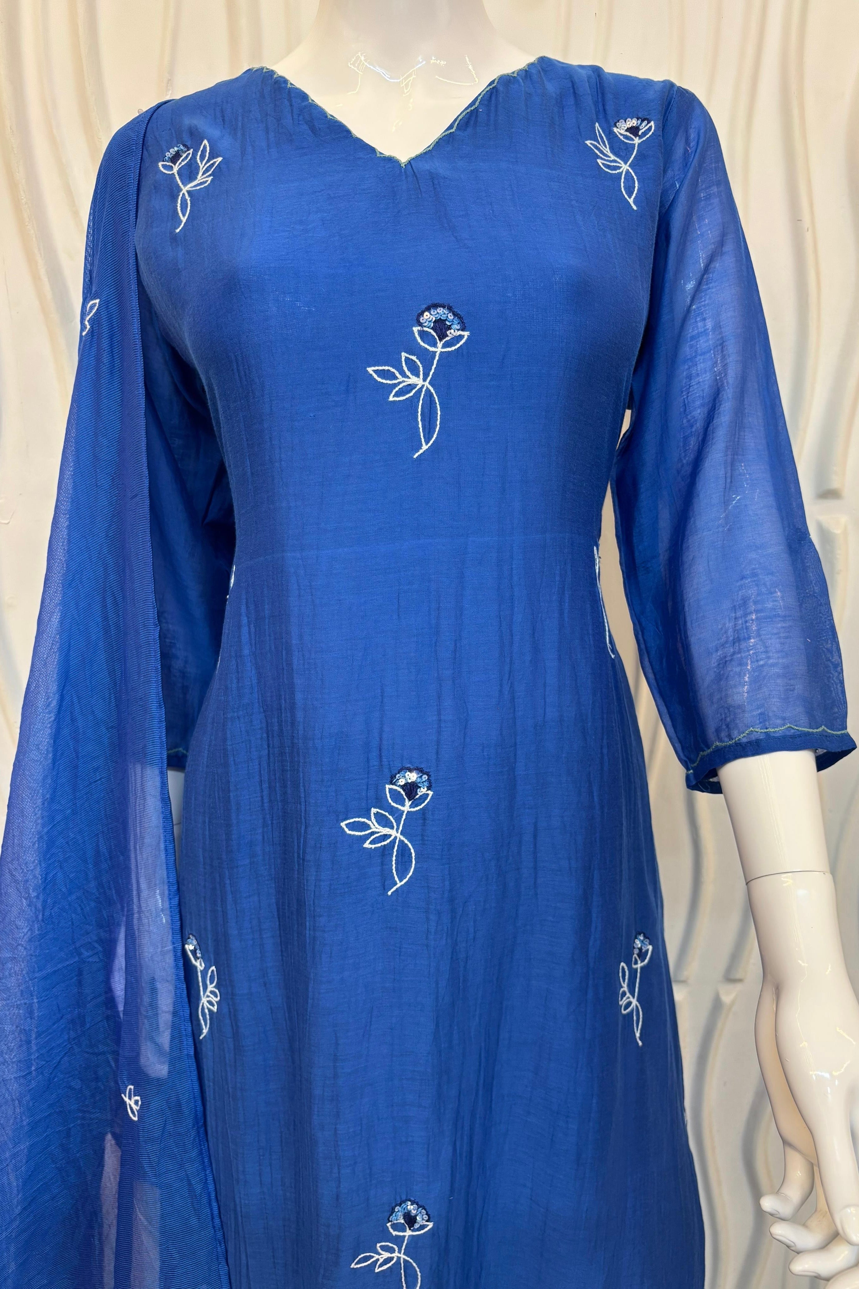 🛍️”Sofia –  Premium Blue Mul Chanderi A Line Kurta Set