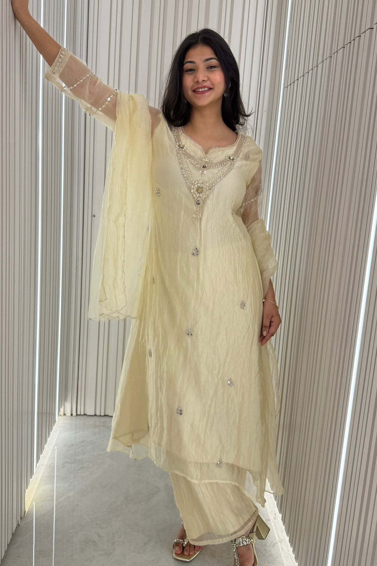 ✨Farah- Ivory Champagne Tisuse A-Line Kurta set