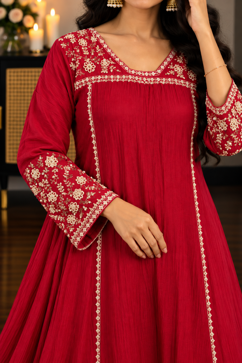 Roz- Premium Red Mul Chanderi A Line Kurta Set ✨