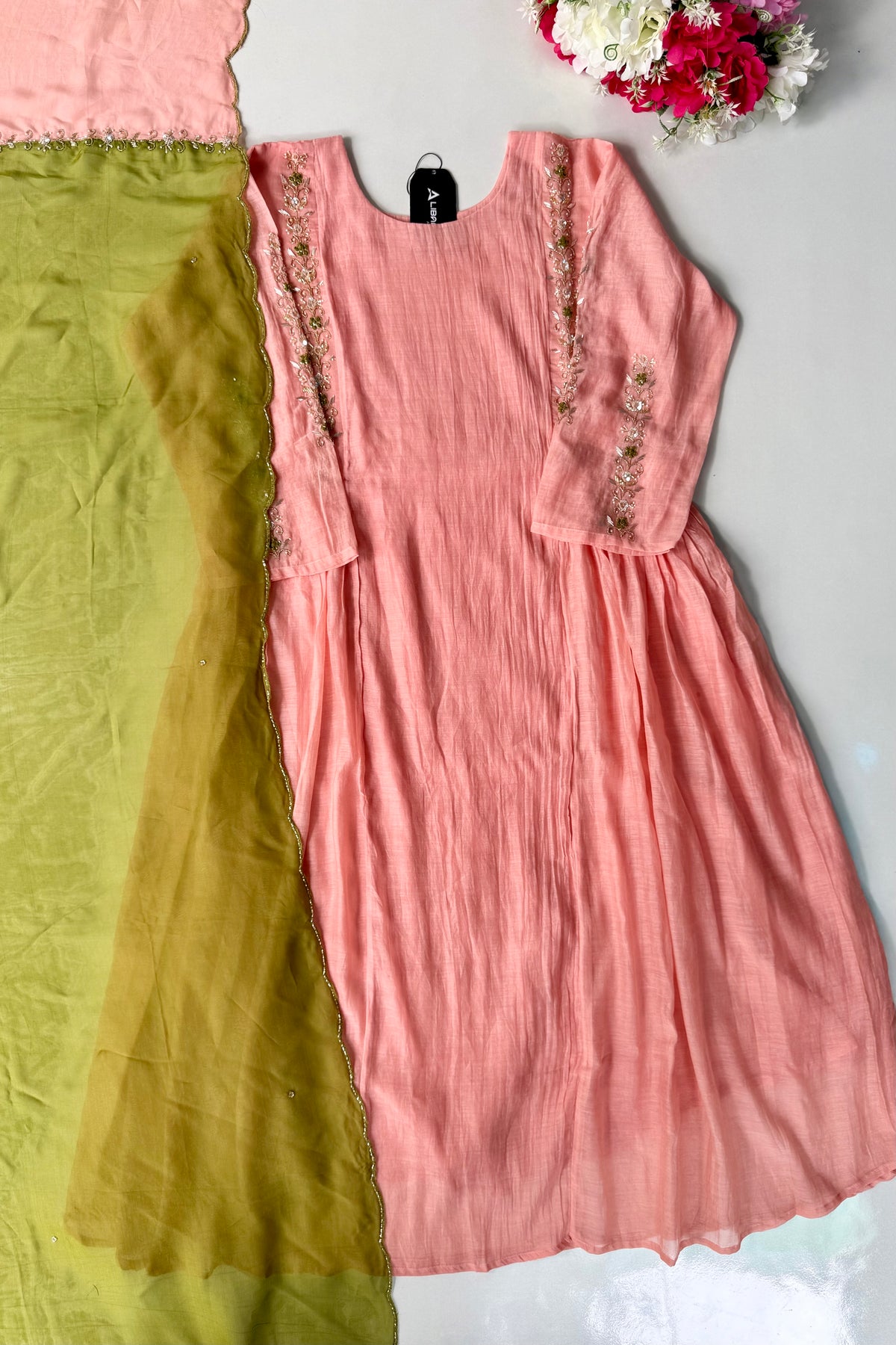 ✨ Princi- Premium Coral Rose Mul Chanderi Anarkali Kurta Set