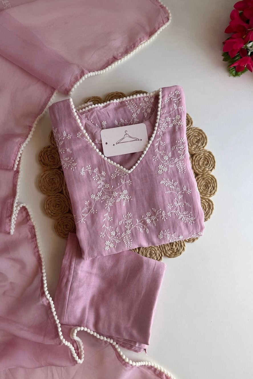 “Elina” Blossom Pink Crushed Chanderi A Line Suit set 🛍️