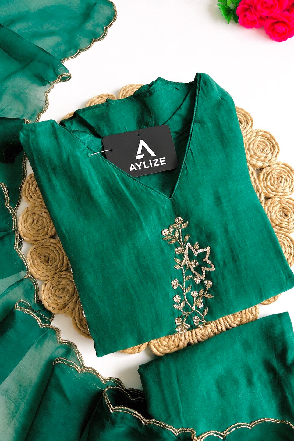 ✨”Rida - Premium Green Mul Chanderi A-Line Kurta Set