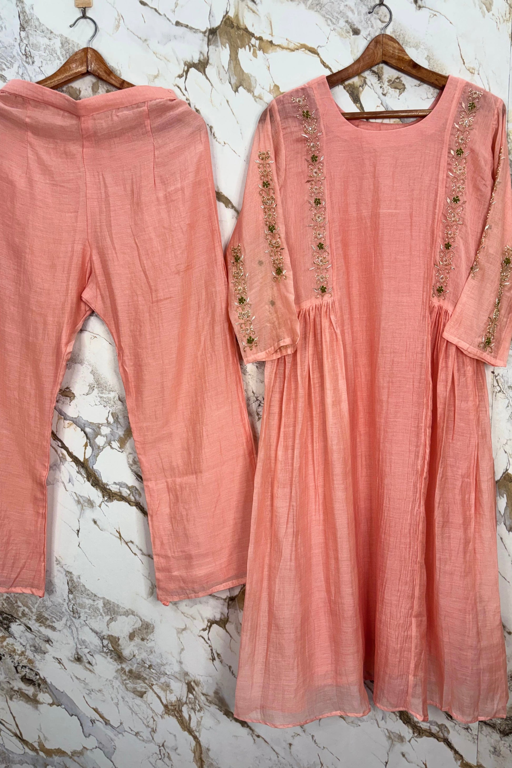 ✨”Princi- Premium Coral Rose Mul Chanderi Anarkali Kurta Set