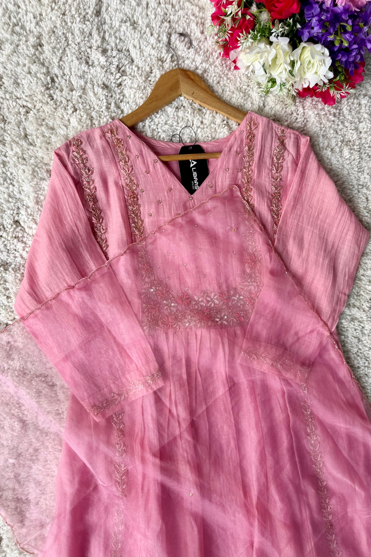 “Ayza” Premium Blush Rose Pink  Mul Chanderi A Line Suit set