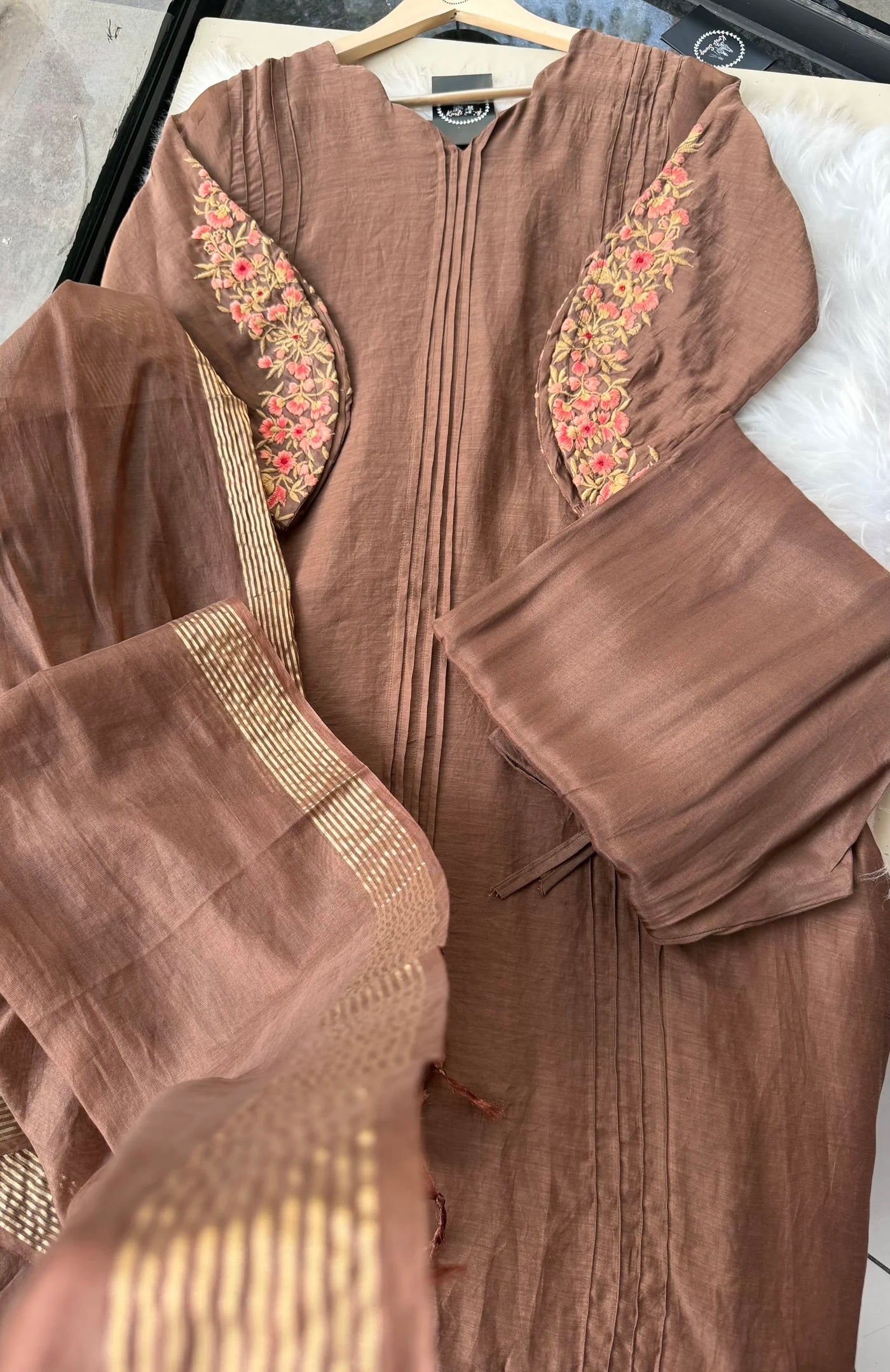 🛍️”Az021 – Premium Coffe Brown Mul Chanderi A Line Kurta Set