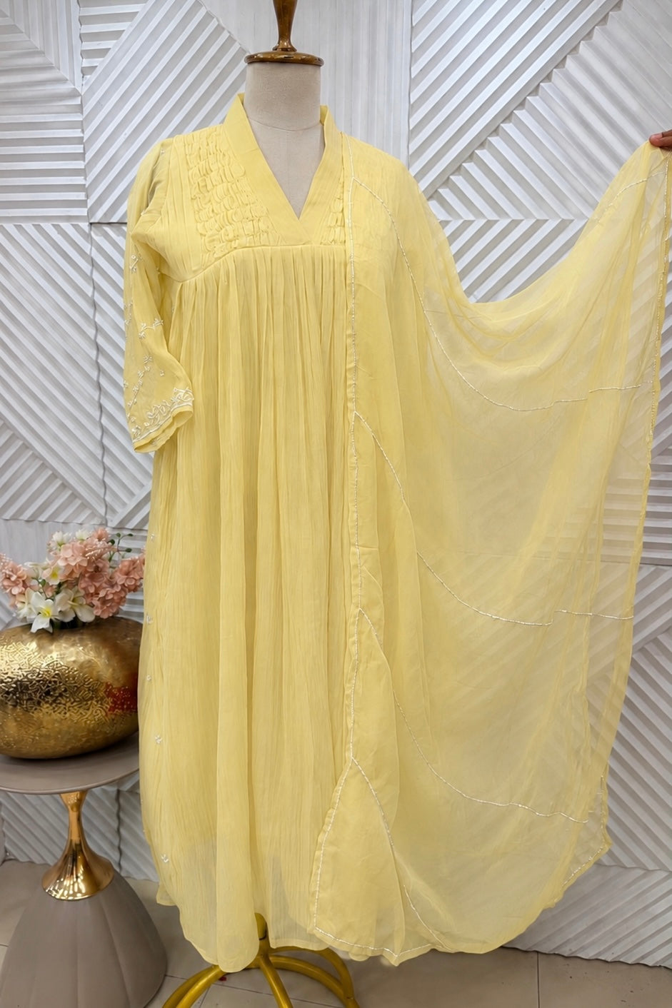 ✨Umang- Premium Yellow Mul Chanderi Anarkali Kurta Set