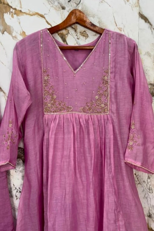 ✨ Gulnoor – Lilac Mauve Mul Chanderi A-Line Kurta Set with Dupatta