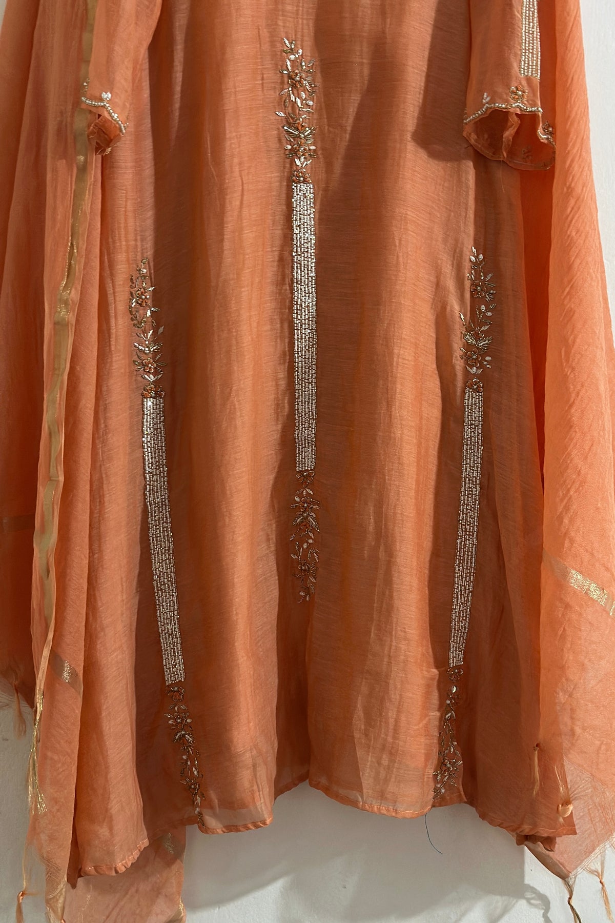 ✨ Mishka- Premium Coral Peach Mul Chanderi A Line Kurta Set