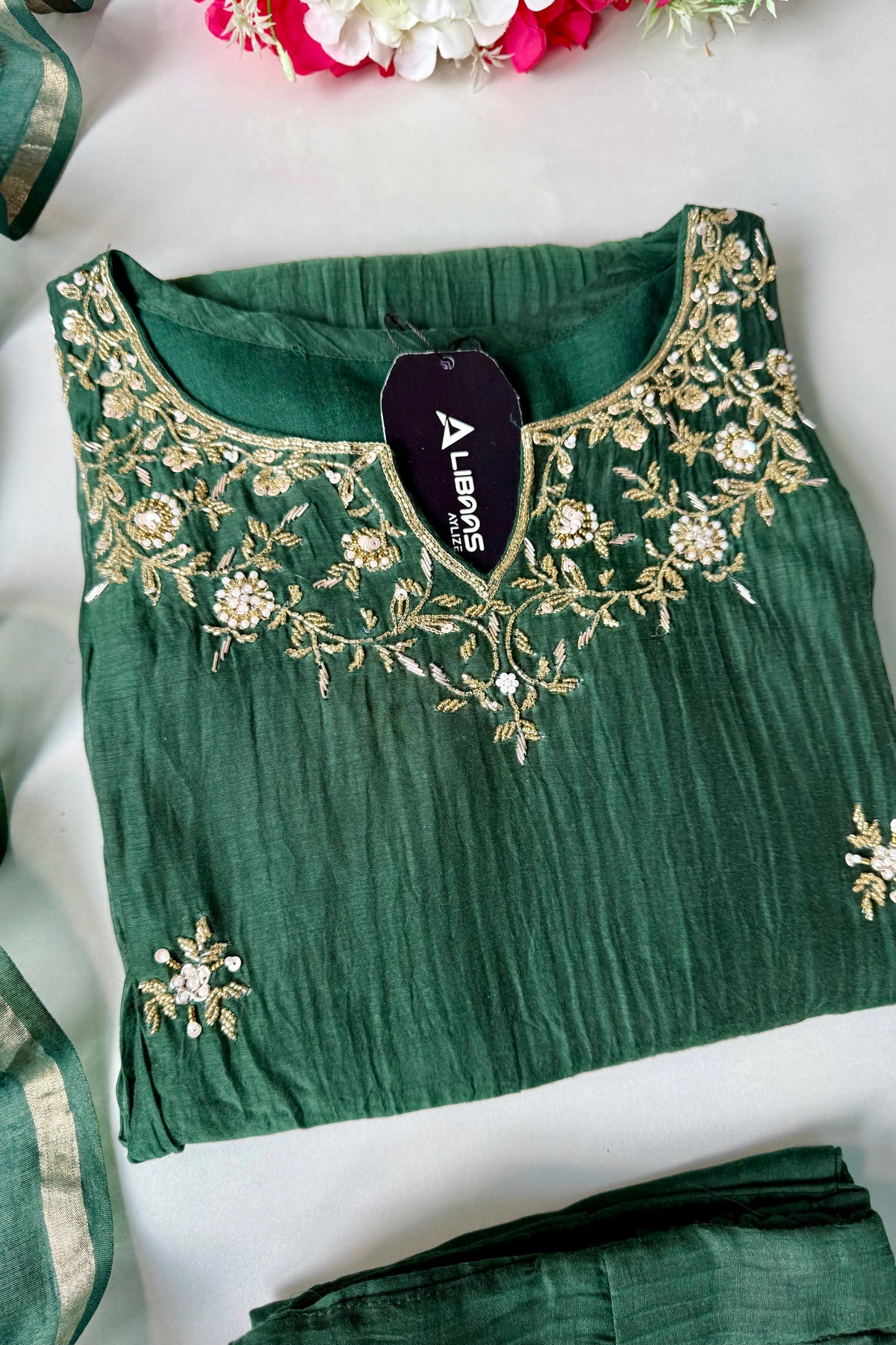 ✨Zoe - Premium Bottle Green Mul Chanderi A Line Kurta Set ✨