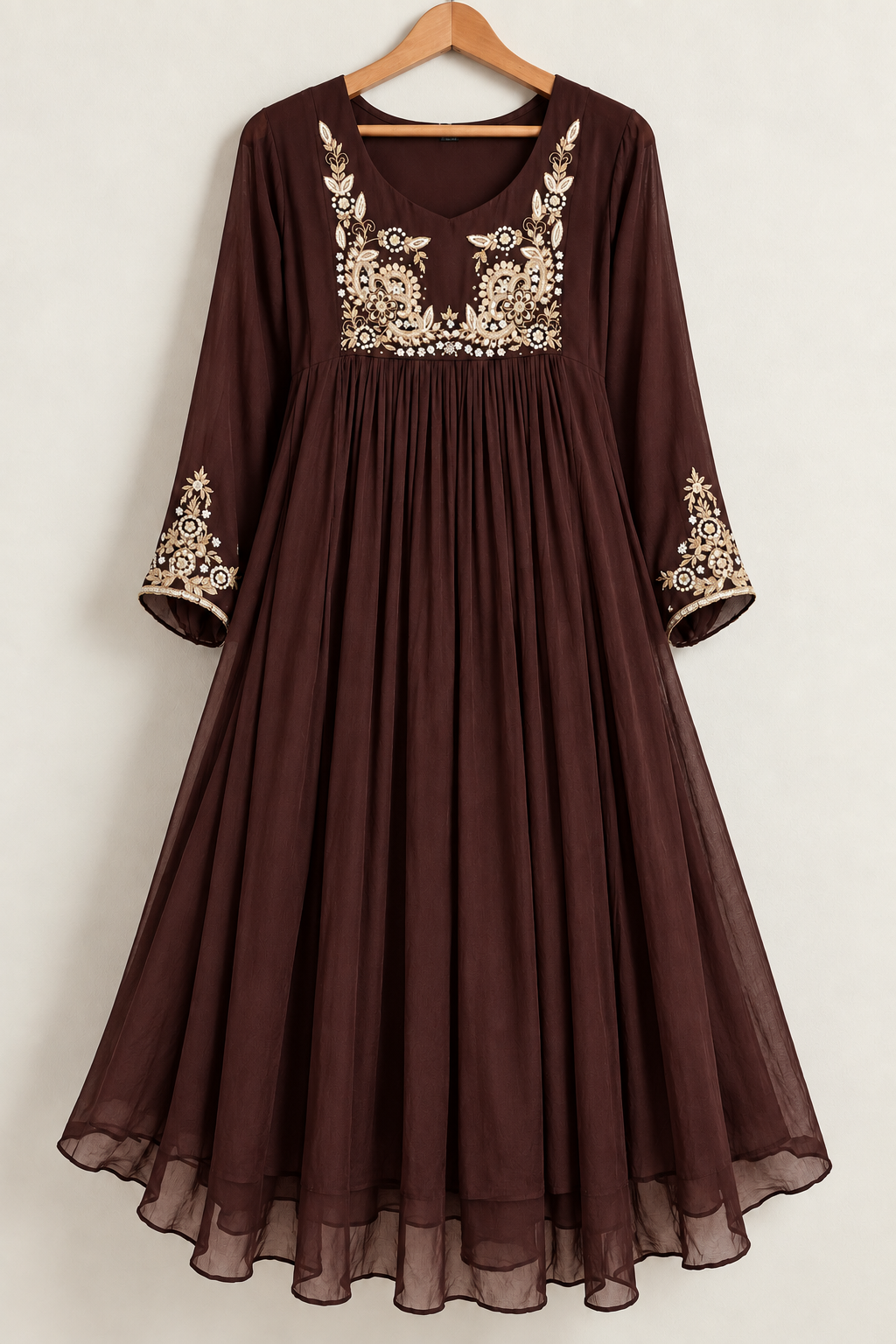 “Saanvi” Brown Chinon Anarkali Kurti Pant With Dupatta Set