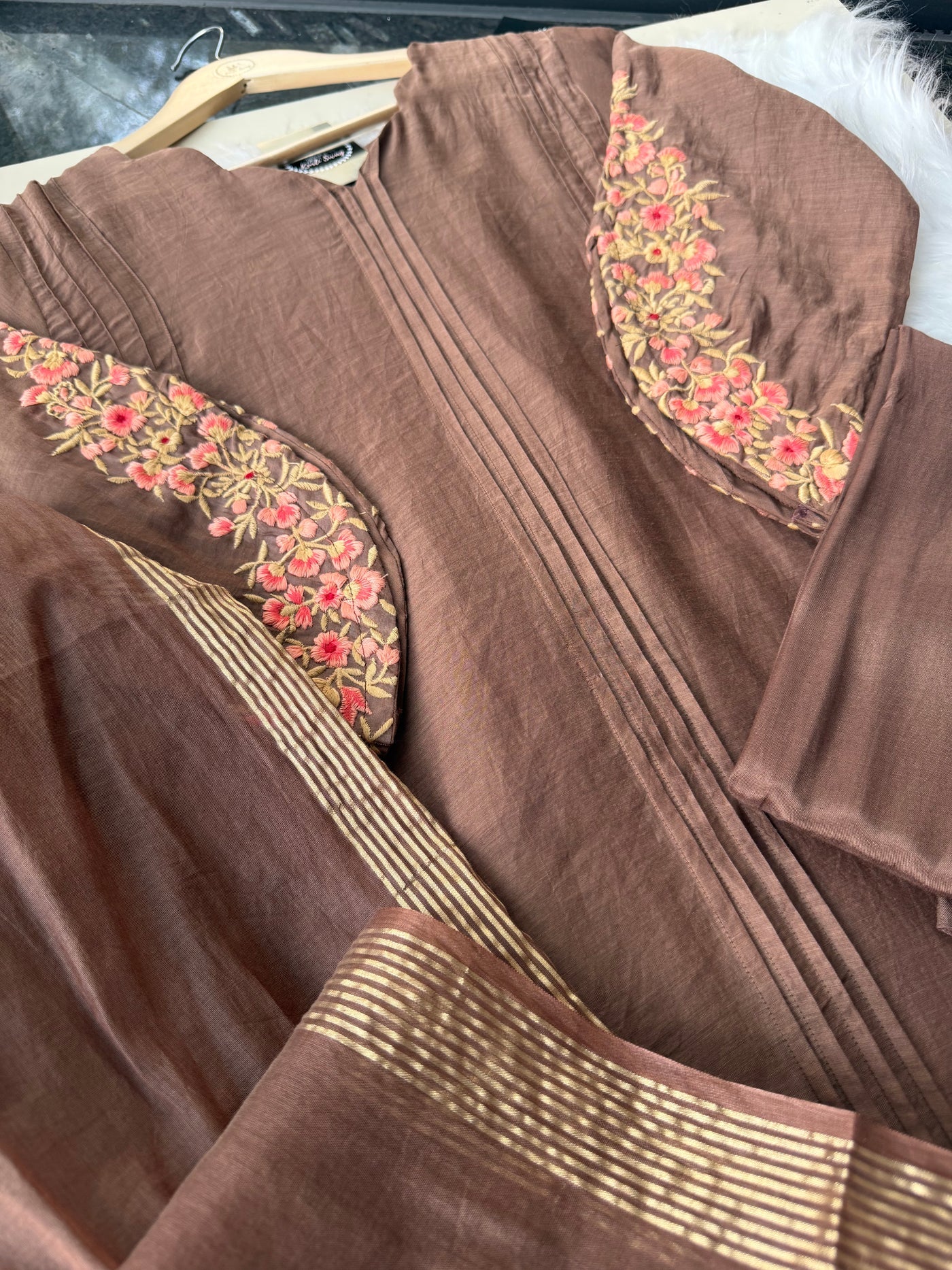🛍️”Az021 – Premium Coffe Brown Mul Chanderi A Line Kurta Set