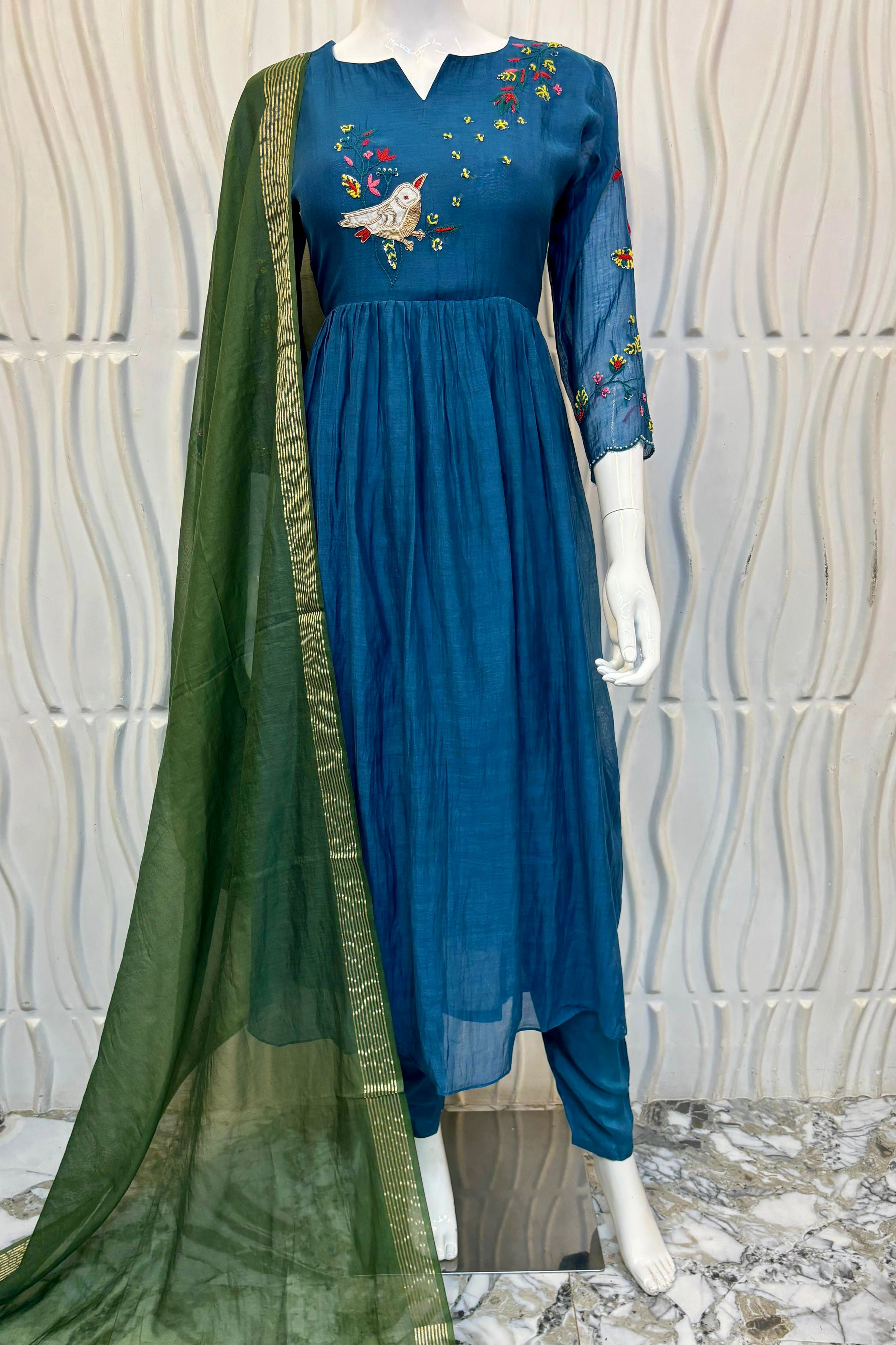 🛍️”Evie –  Premium Mul Chanderi Thred Work A Line Kurta Set