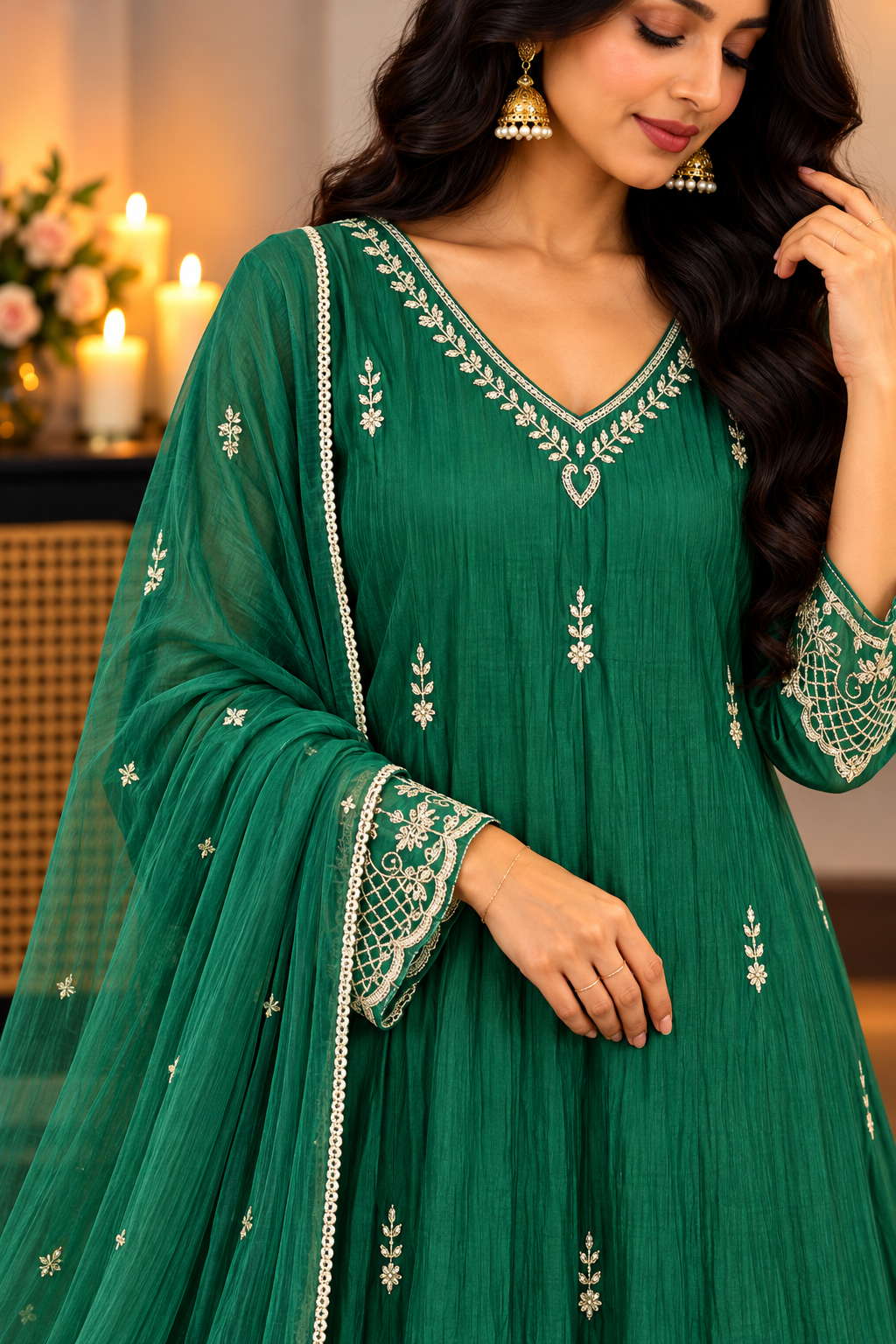 ✨Eshal - Premium Green Mul Chanderi A-Line Kurta Set