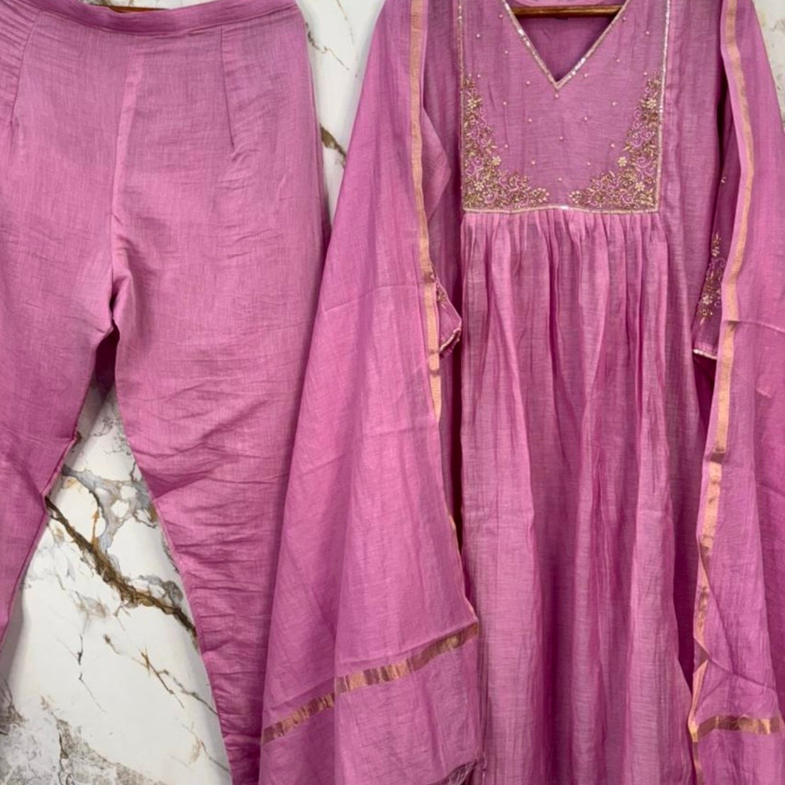 ✨ Gulnoor – Lilac Mauve Mul Chanderi A-Line Kurta Set with Dupatta