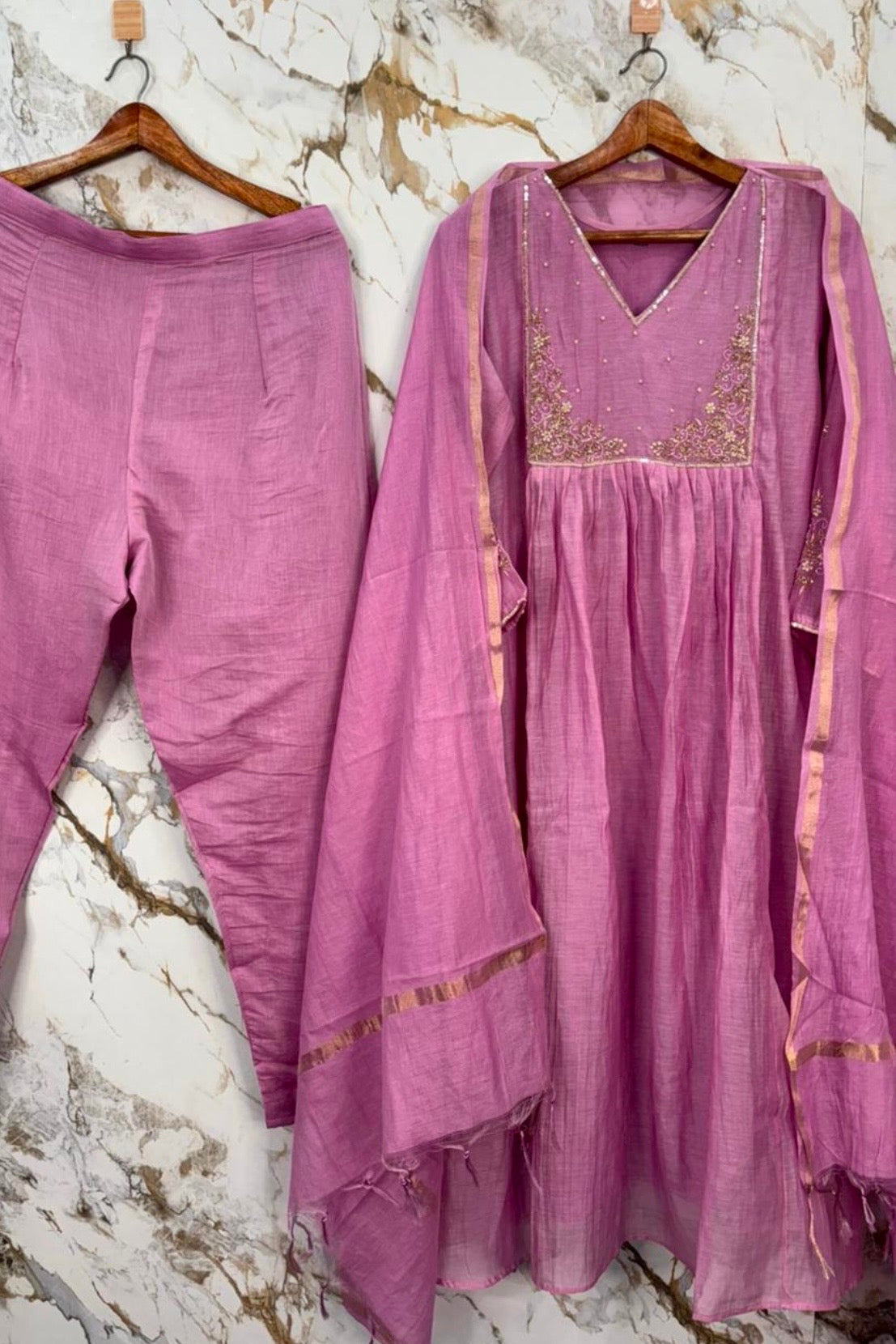 ✨ Gulnoor – Lilac Mauve Mul Chanderi A-Line Kurta Set with Dupatta