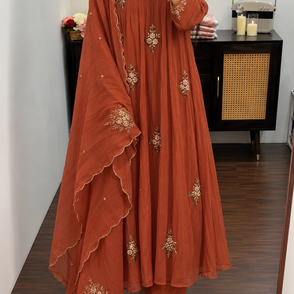 🧡 Zidan- Premium Rust Orange Mul Chanderi A Line Suit set