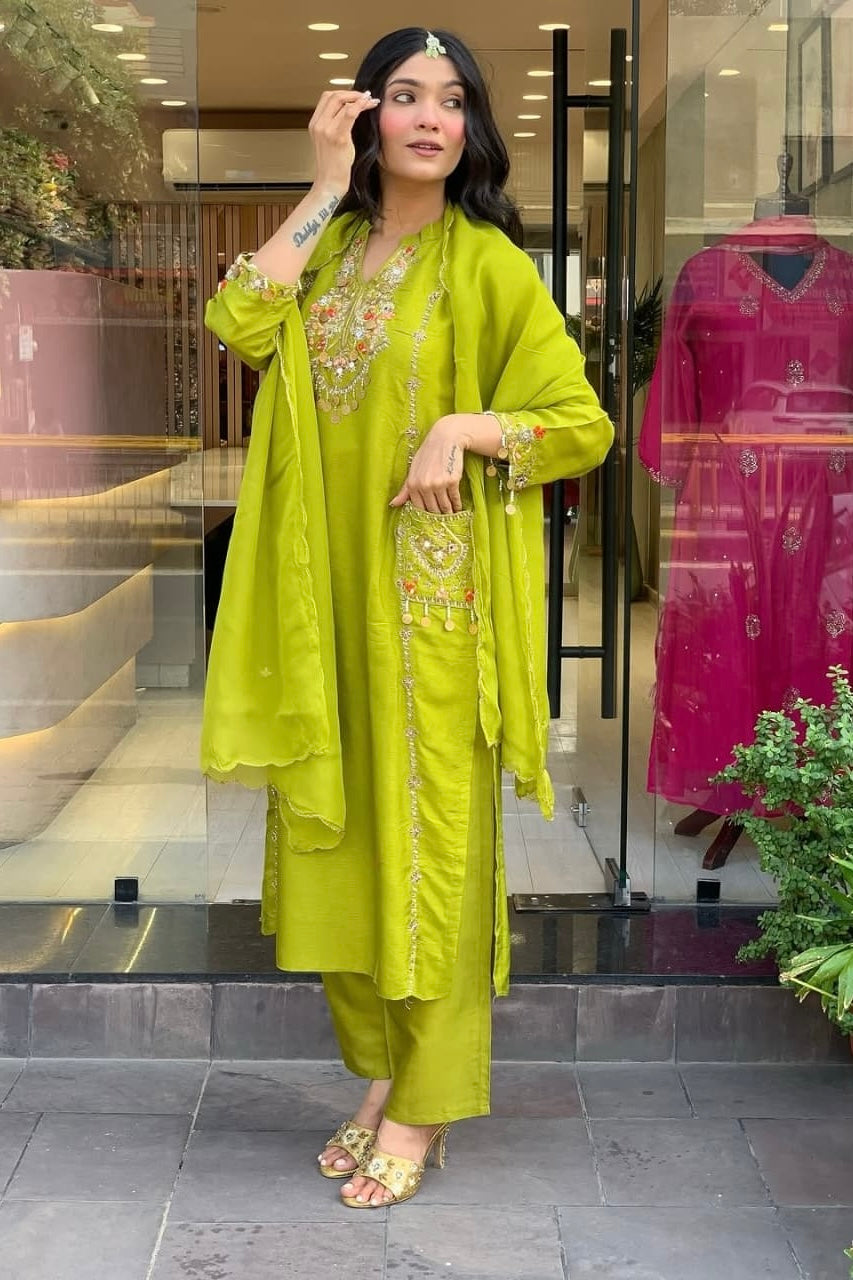 “Lime” Greenish Green Dola Silk Heavy Handwork Suit Set