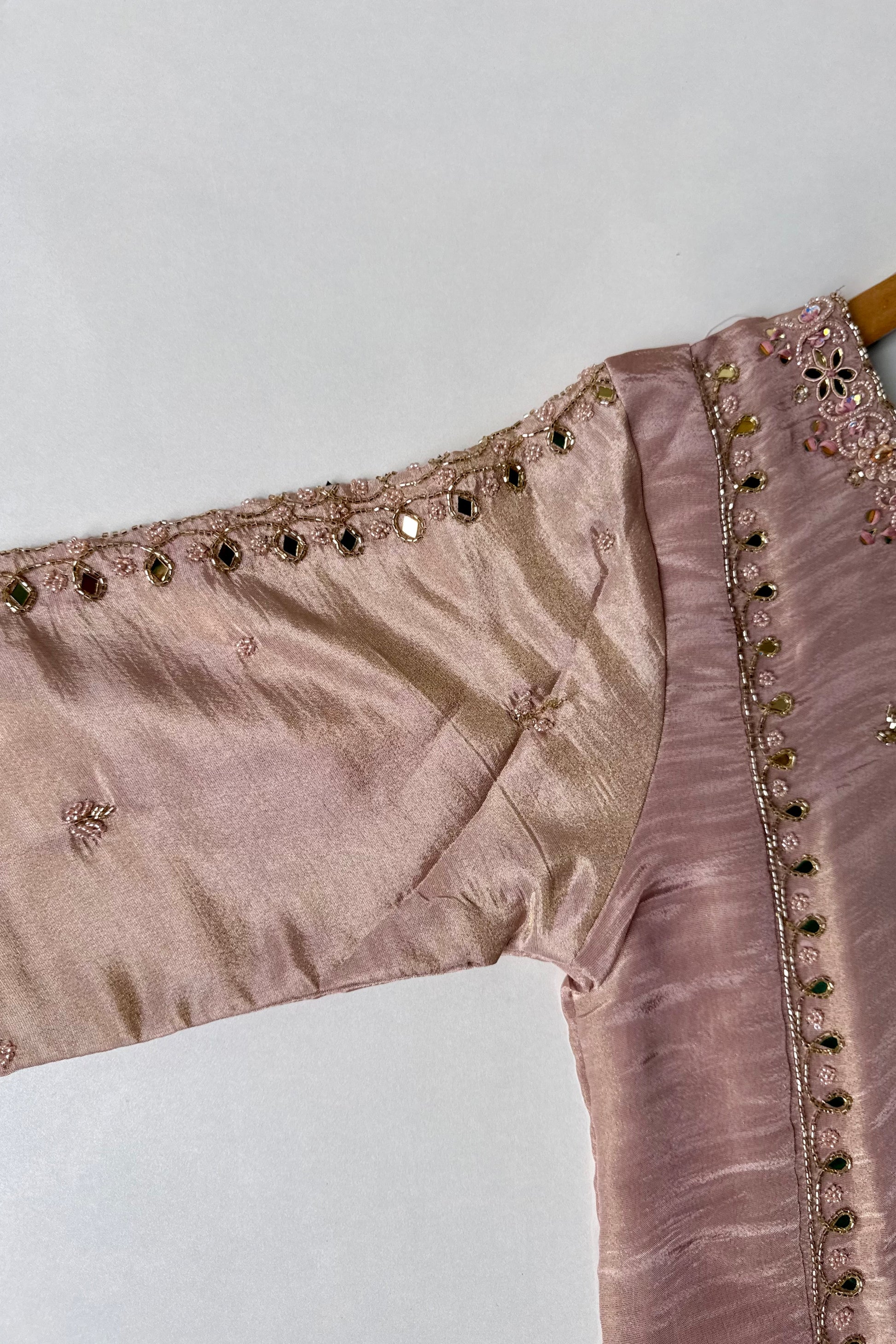 ✨Pearl – Premium Blush Mirror Work Tissue A Line Kurta Set