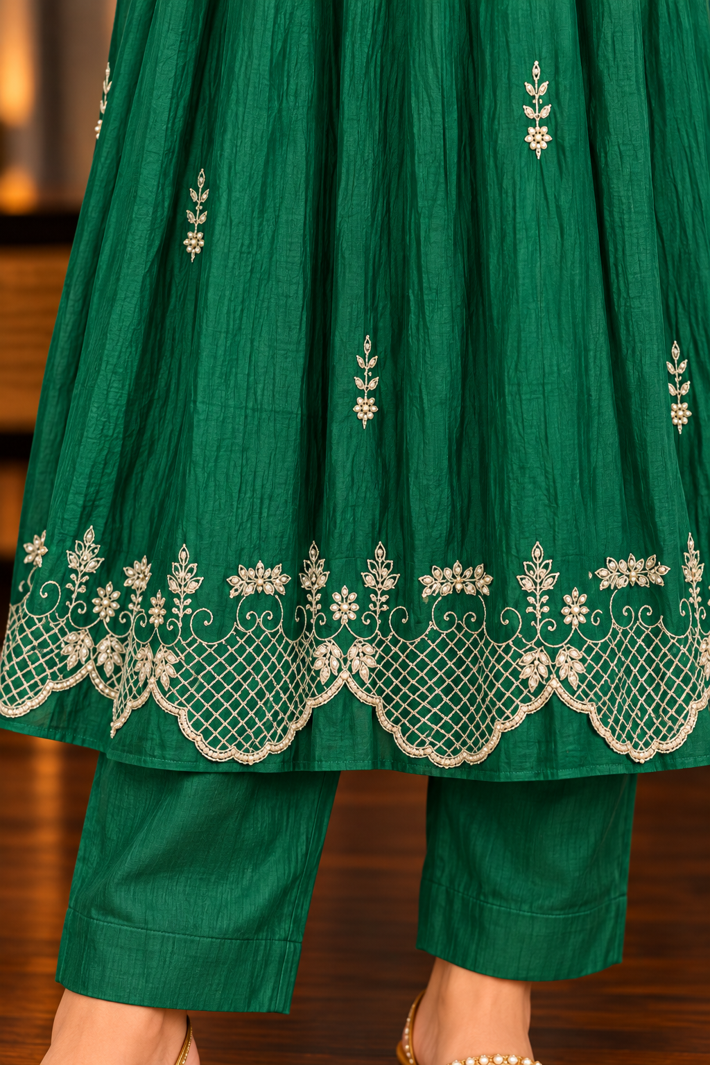 ✨Eshal - Premium Green Mul Chanderi A-Line Kurta Set