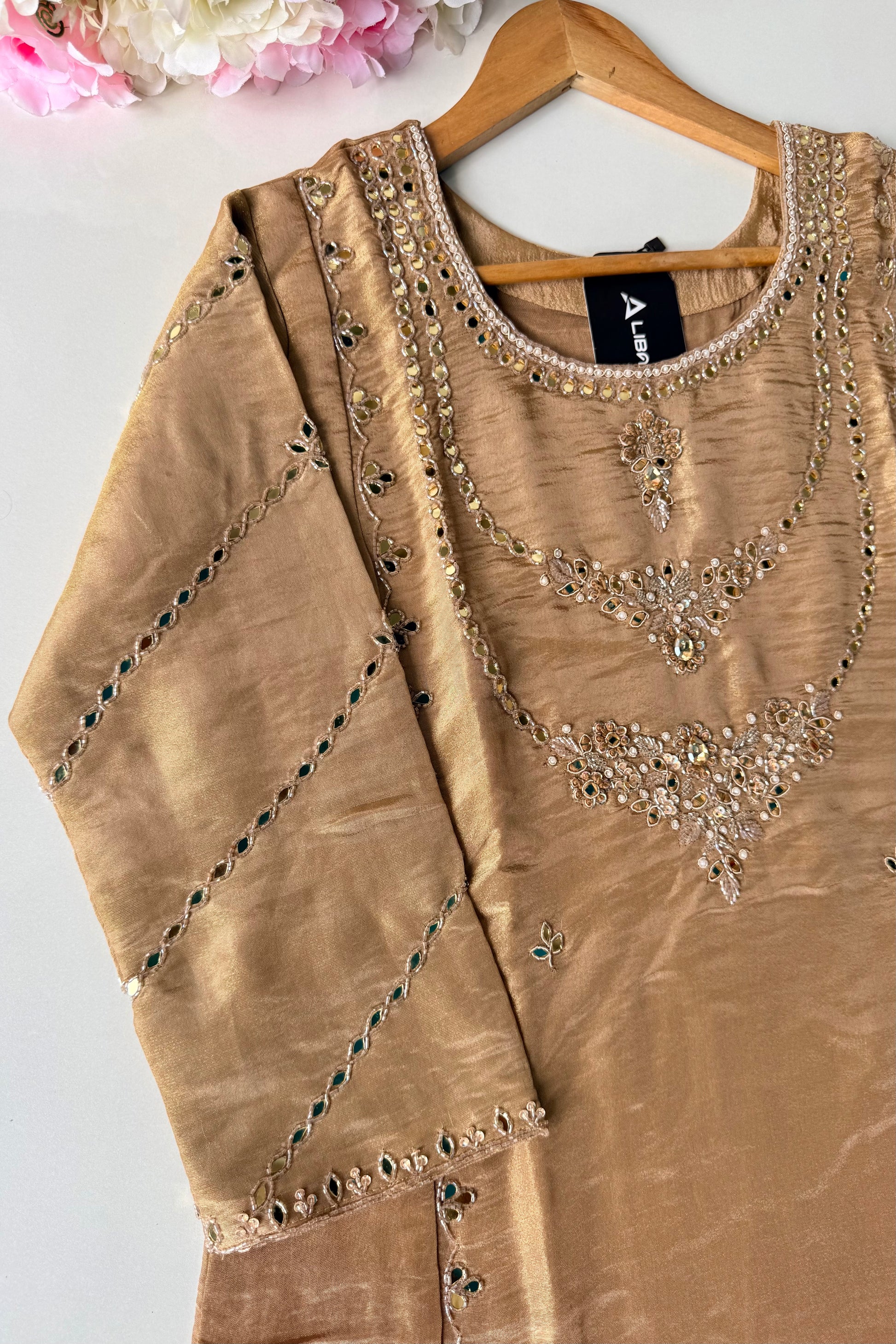 ✨Pearl – Premium Gold Beige  Mirror Work Tissue A Line Kurta Set
