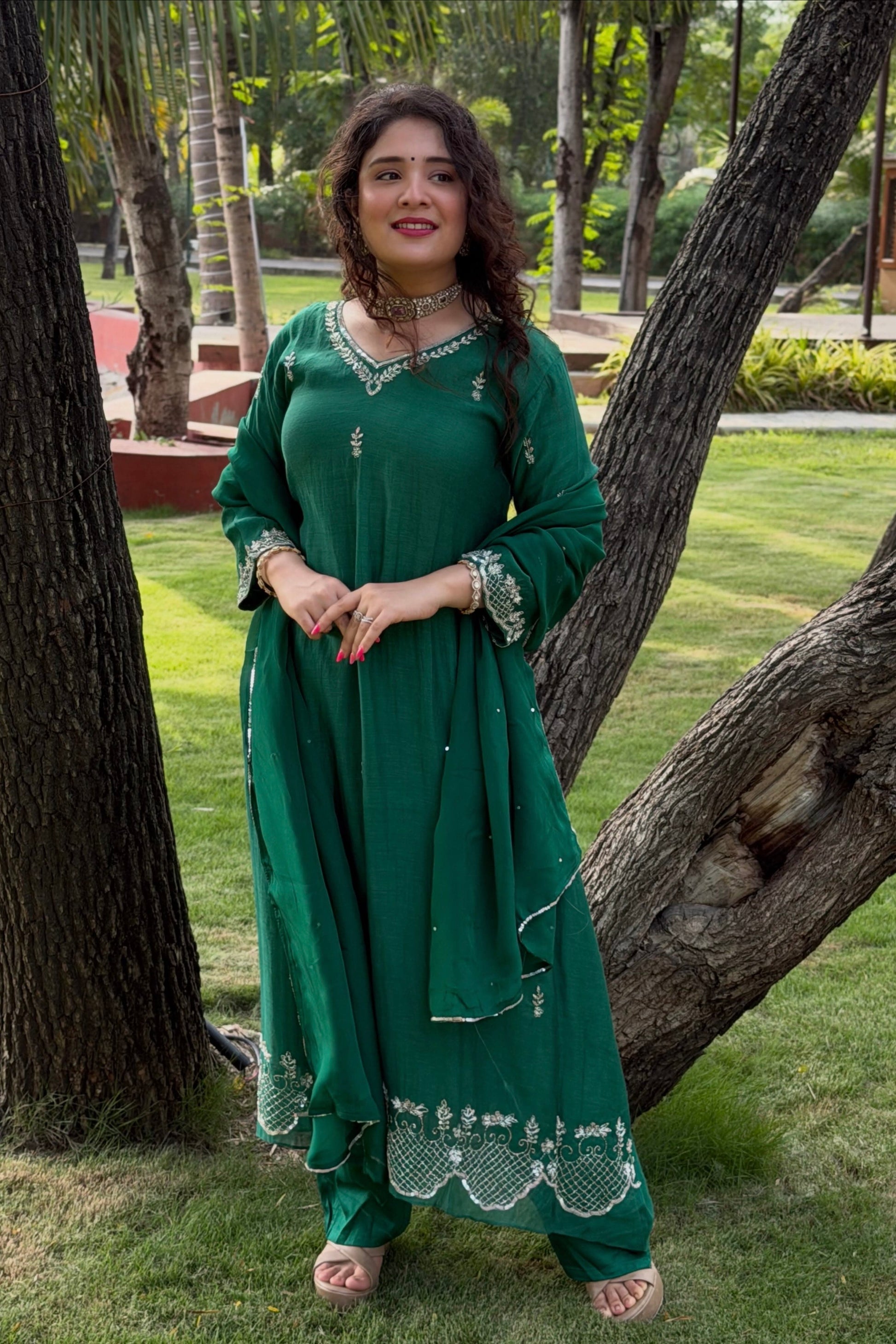 ✨”Eshal - Premium Green Mul Chanderi A-Line Kurta Set