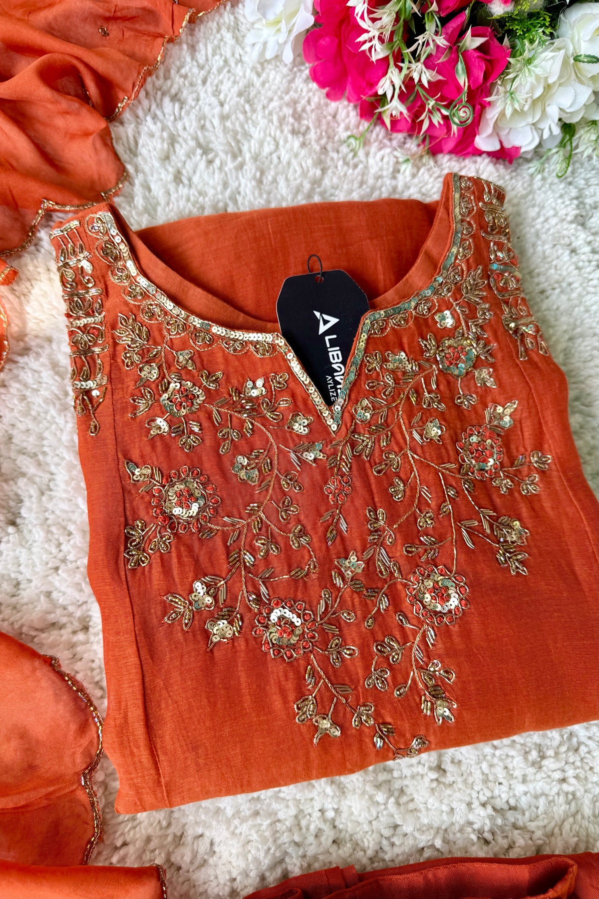 ✨Daisy - Premium Ornage Mul Chanderi A-Line Anarkali Kurta set