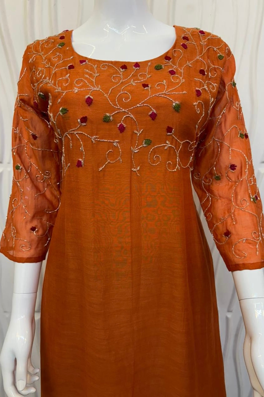 ✨AZ03 - Beautiful Rust Orange Mul Chanderi A Line Kurta set