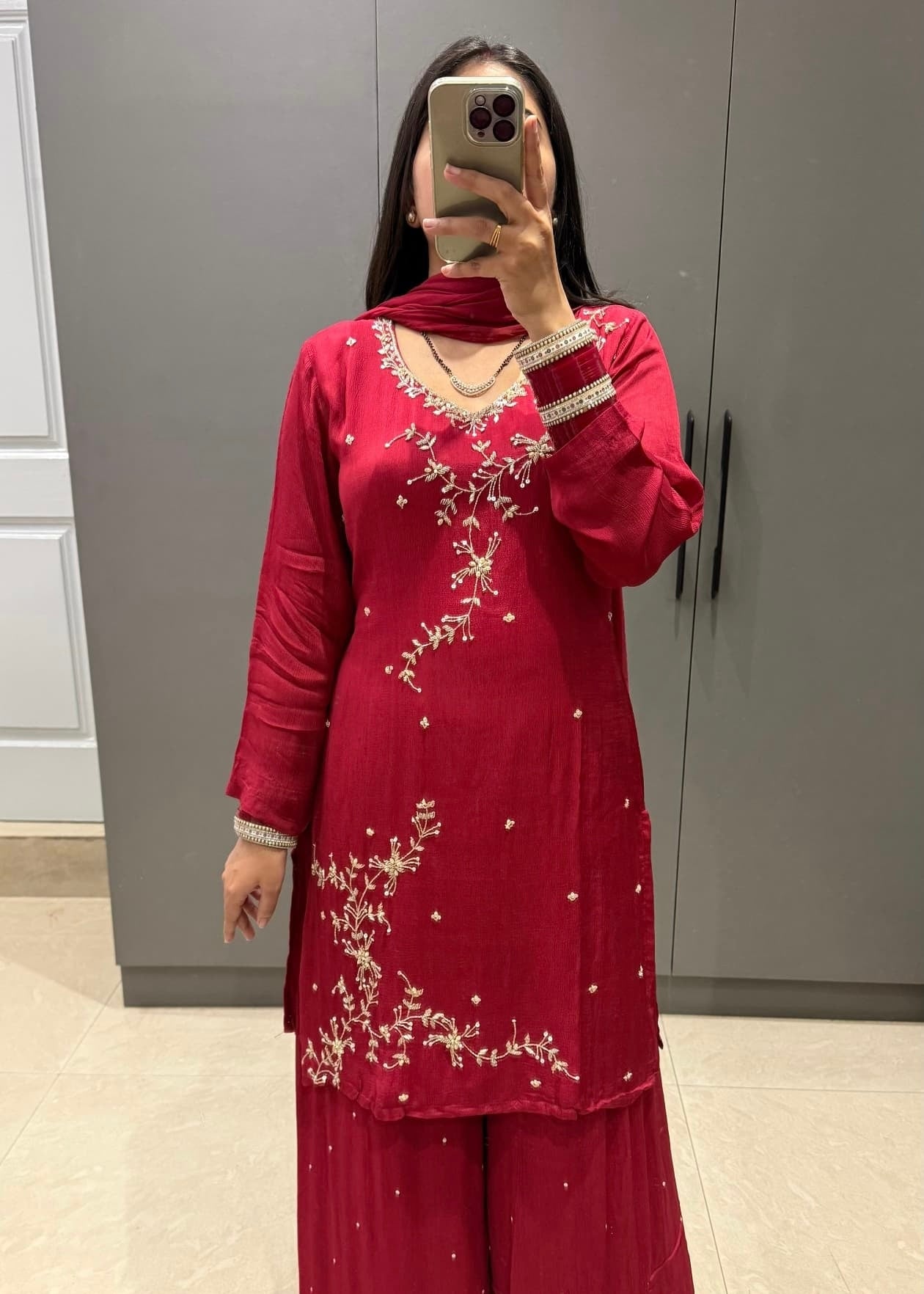 “Alya” Chinnon Silk Heavy Handwork Kurta Palazzo Set with Dupatta