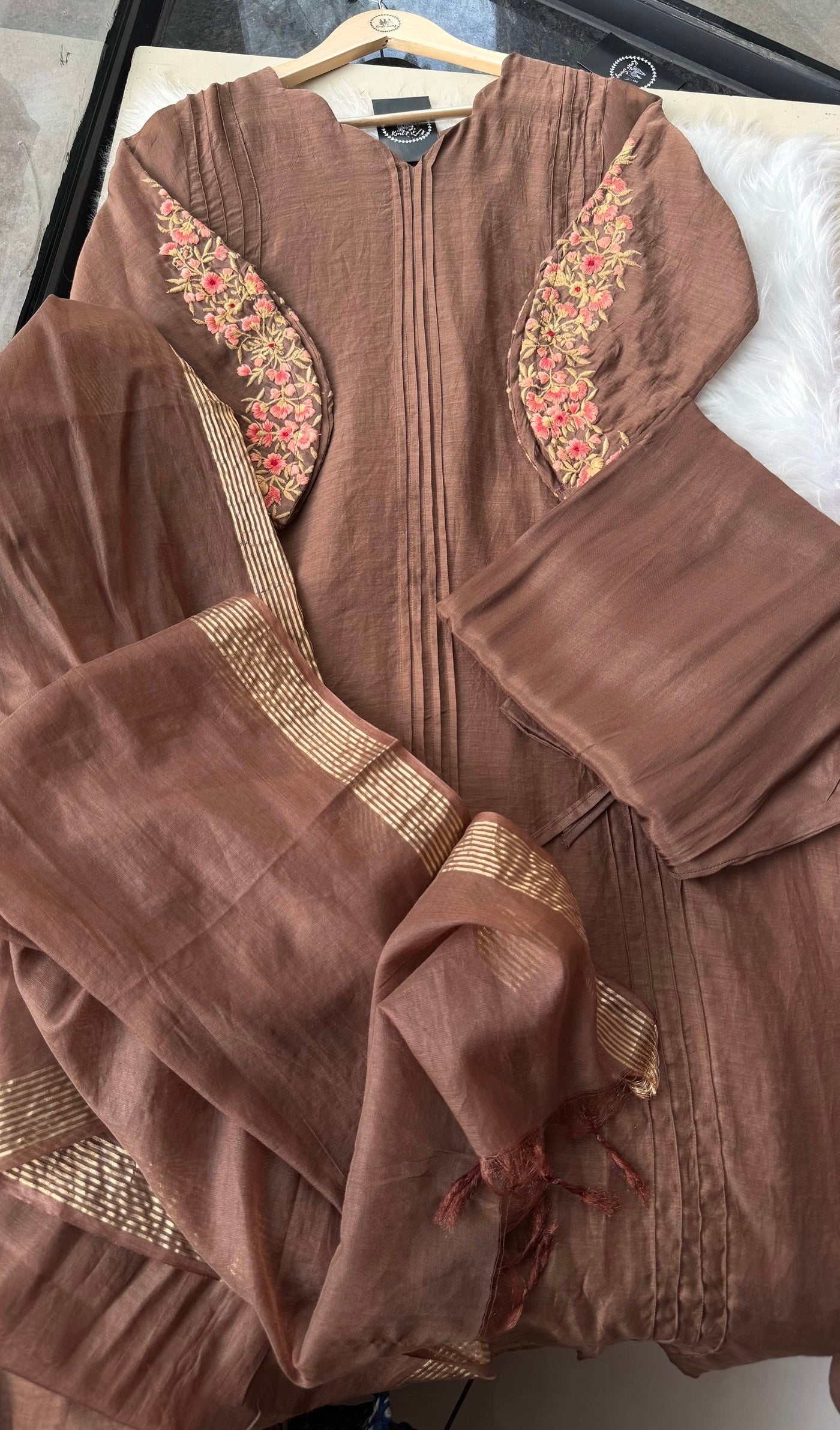 🛍️”Az021 – Premium Coffe Brown Mul Chanderi A Line Kurta Set