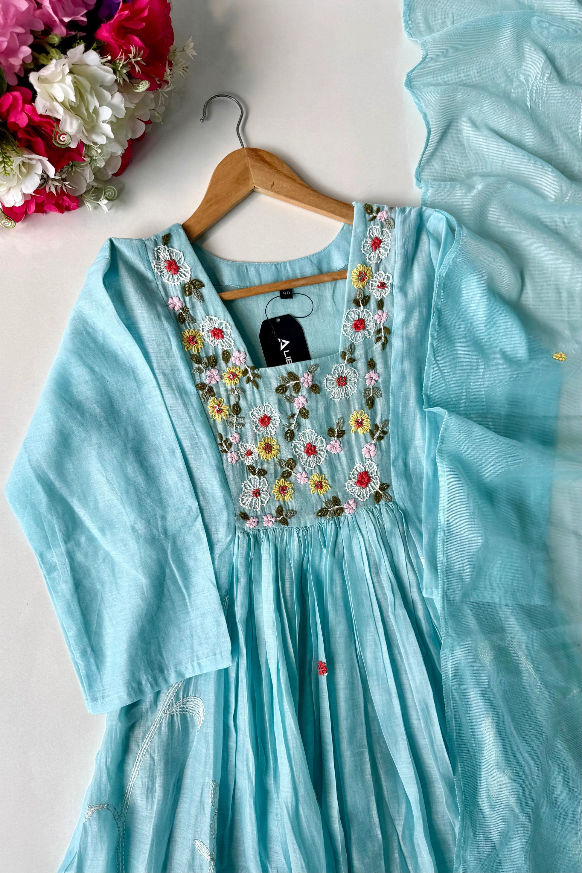 💙”Mayra – Premium Mul Chanderi A-Line Kurta Set