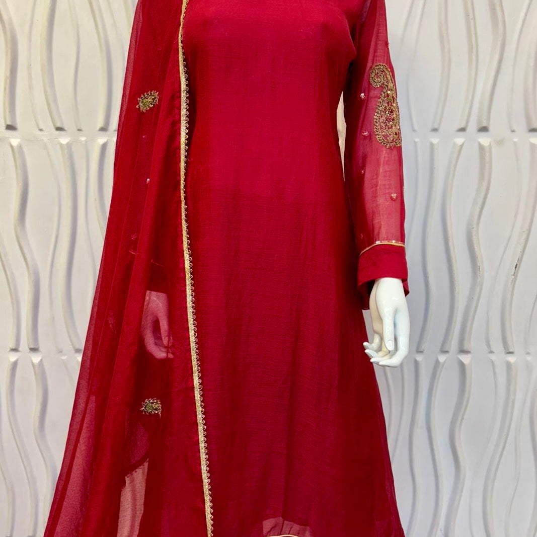 “Navya” Beautiful Red Mul Chanderi A line Anarkali Kurta Set