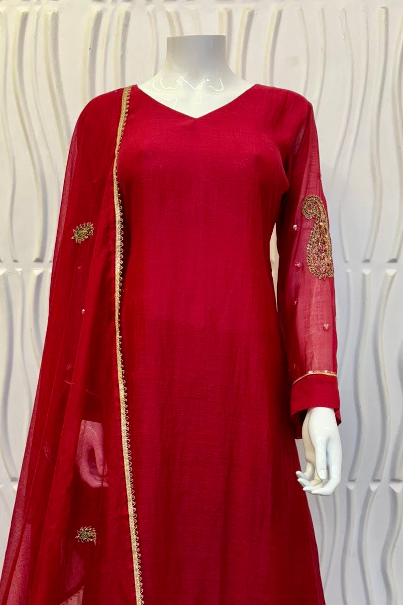 “Navya” Beautiful Red Mul Chanderi A line Anarkali Kurta Set