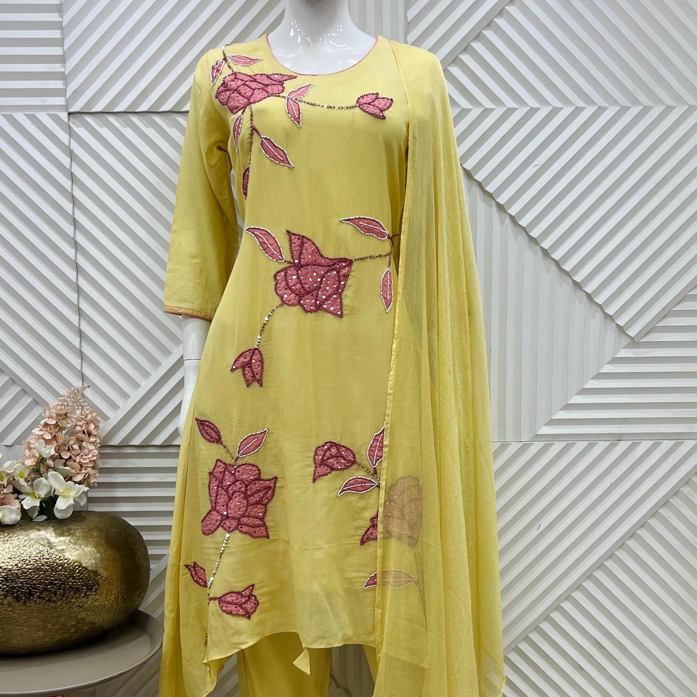 ✨Ay09- Pre book Premium Mul Chanderi Applique Work A Line Suit