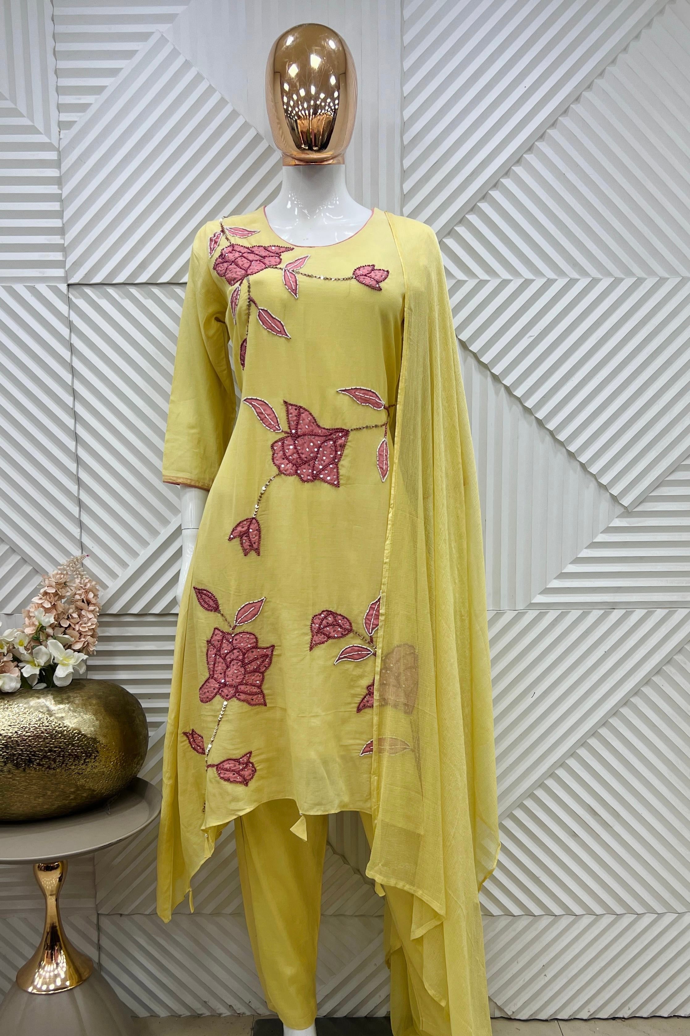 ✨Ay09- Pre book Premium Mul Chanderi Applique Work A Line Suit