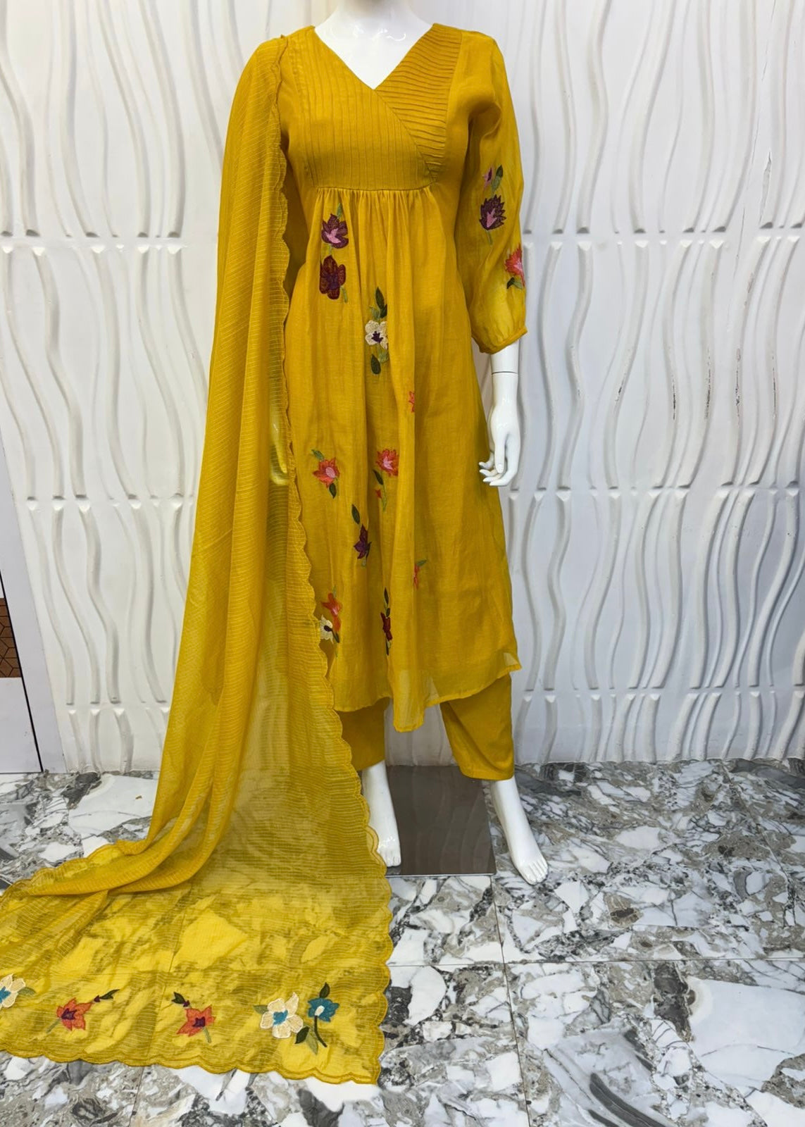“IFRA” Premium Yellow Mul Chanderi party wear anarkali kurta set