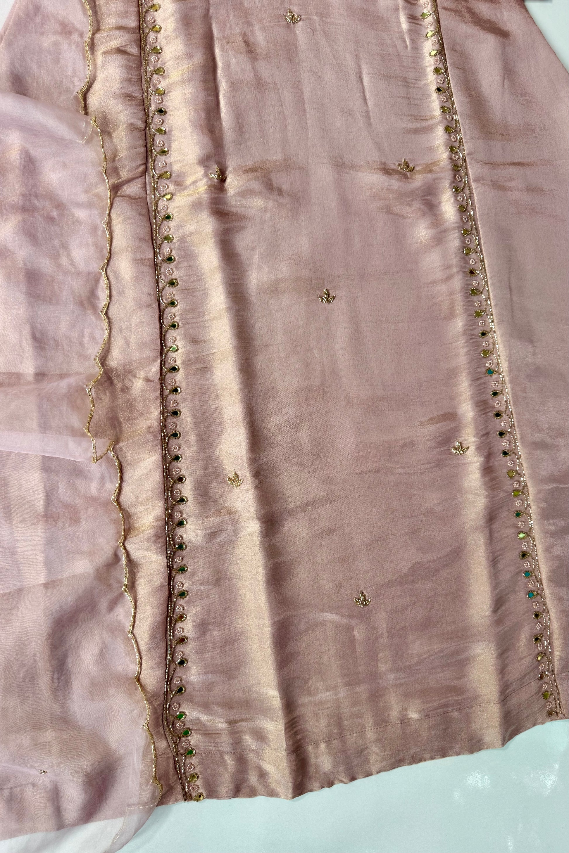✨Pearl – Premium Blush Mirror Work Tissue A Line Kurta Set