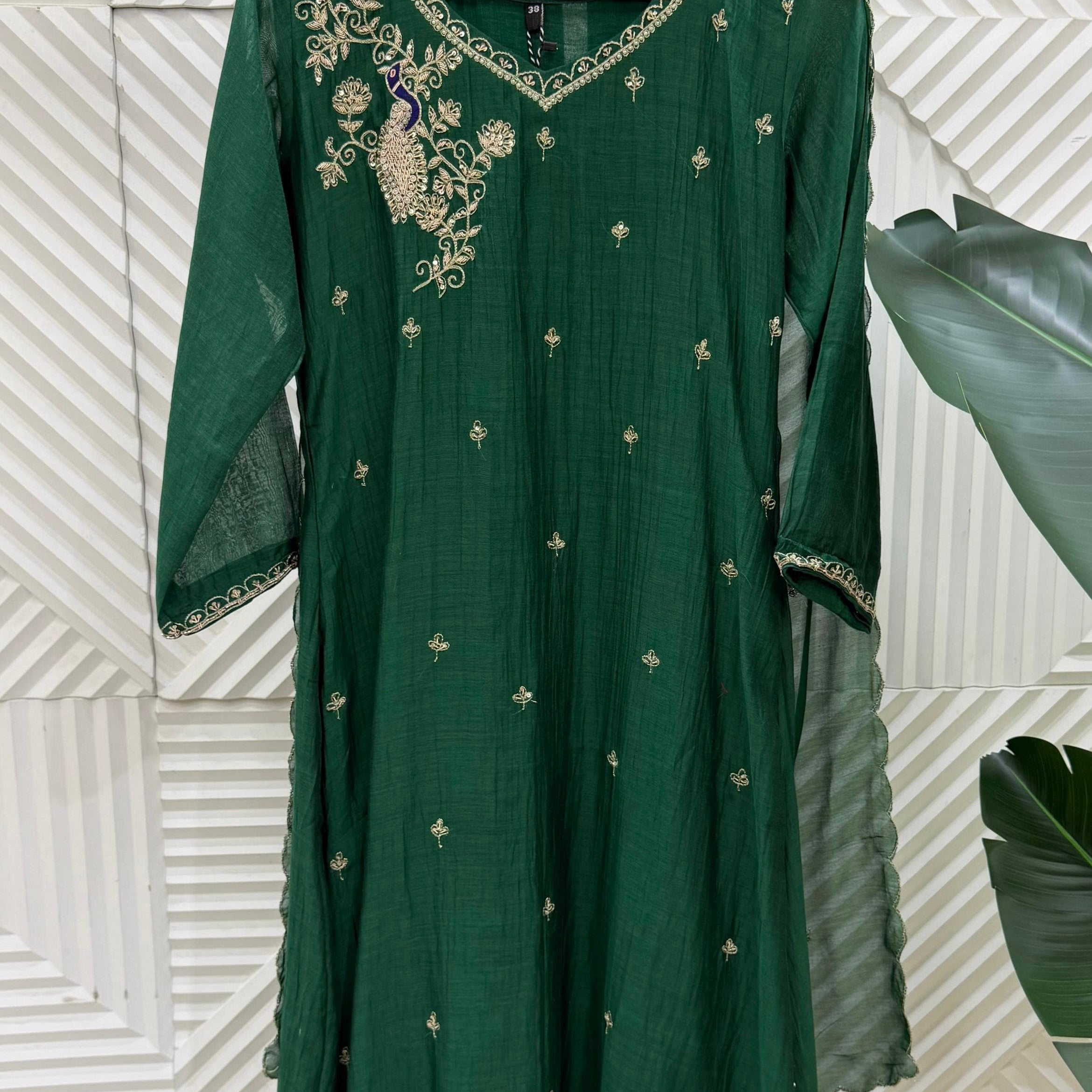 ✨Nora - Premium Green Mul Chanderi A Line Kurta Set ✨