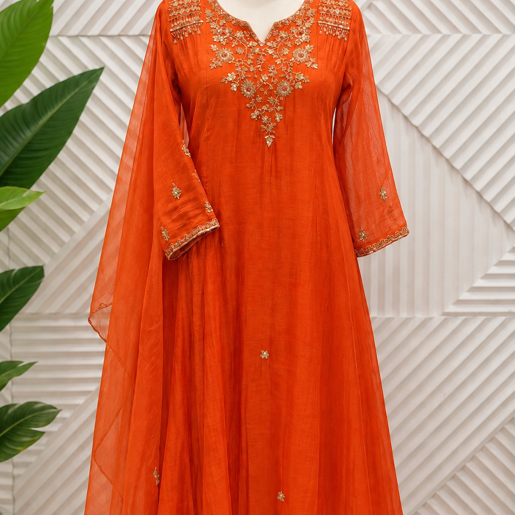 ✨”Aastha- Premium Orange Mul Chanderi A-Line Kurta Set
