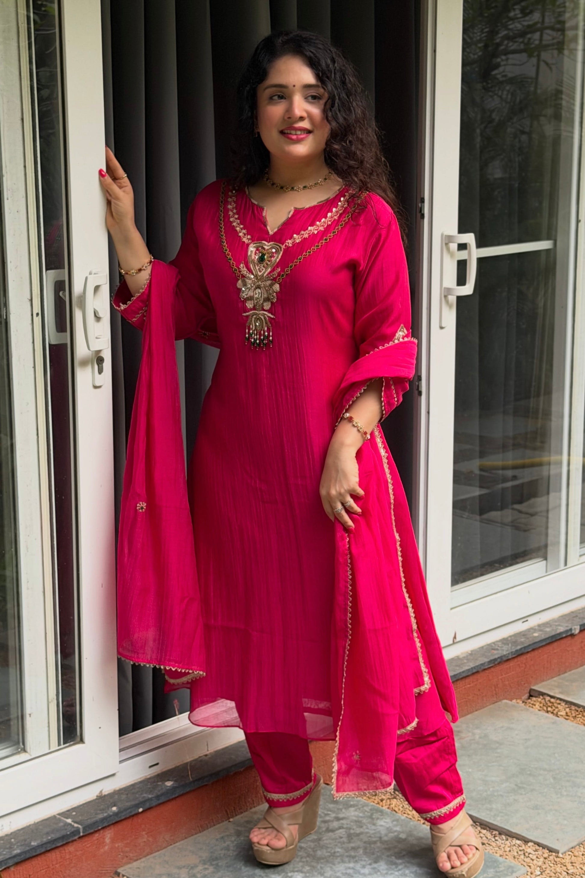 ✨”Falak - Premium Rani Mul Chanderi A-Line Kurta Set