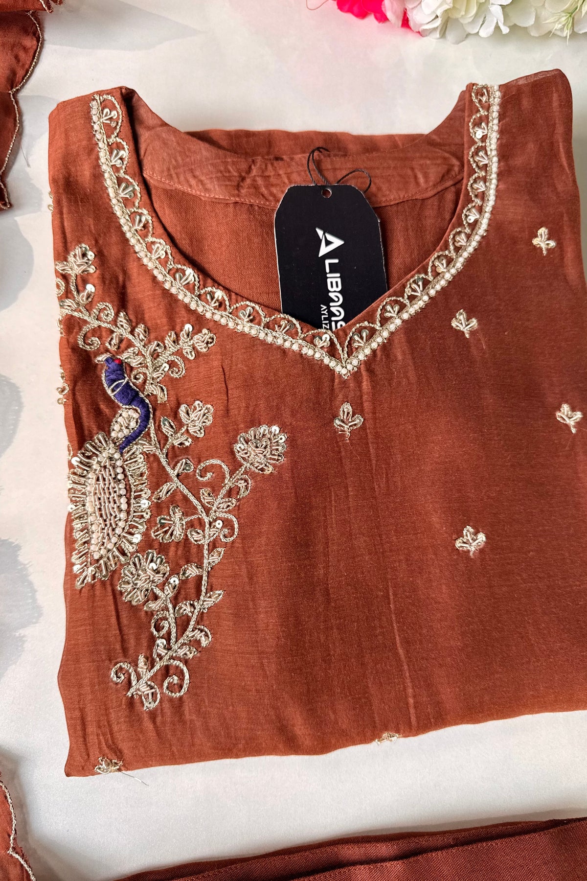 ✨”Nora - Premium Chocolate Brown Mul Chanderi A Line Kurta Set