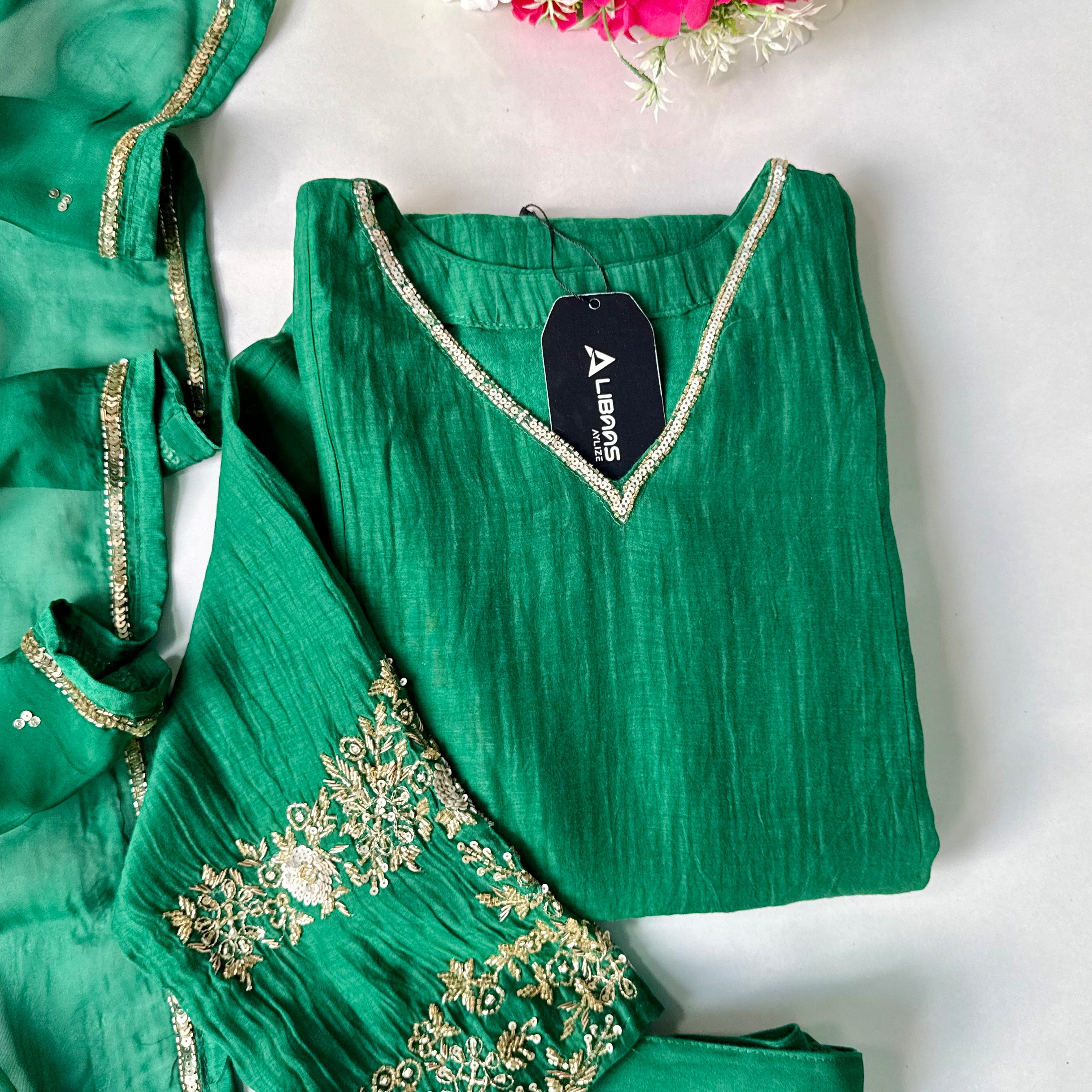 ✨”Amaya - Premium Green Mul Chanderi A-Line Kurta Set