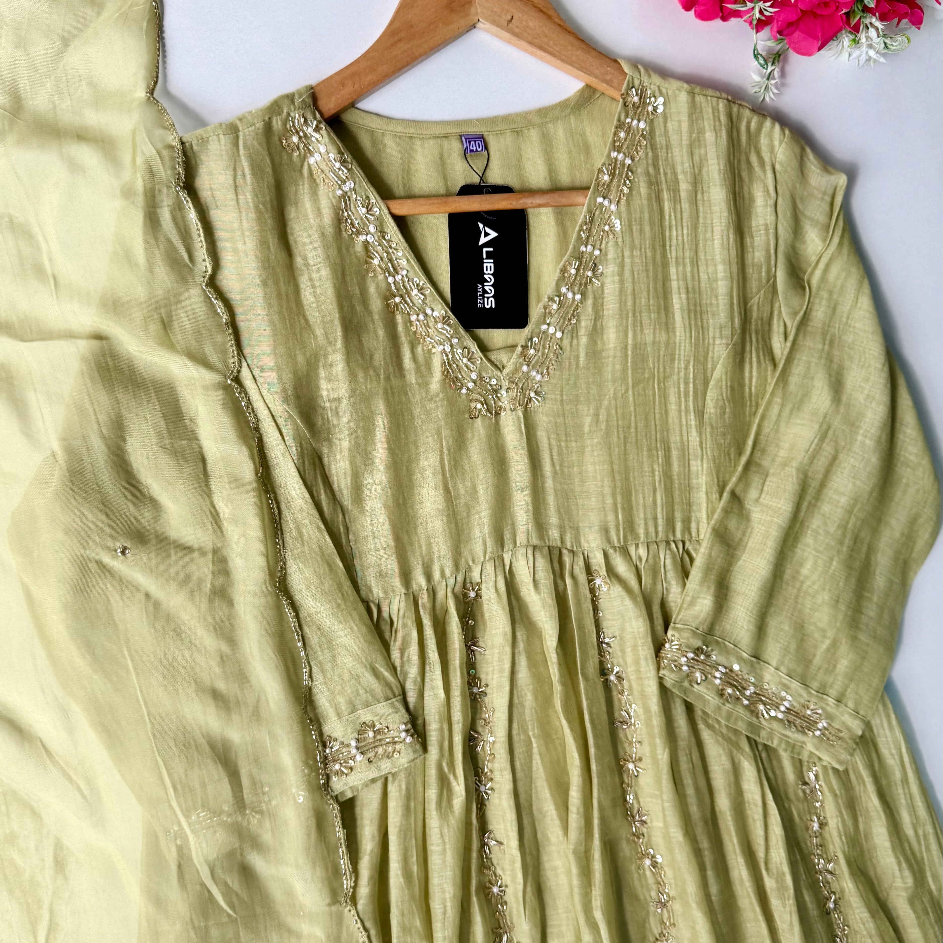 ✨Florence - Olive Pistachio Mul Chanderi Anarkali Suit set 🛍️