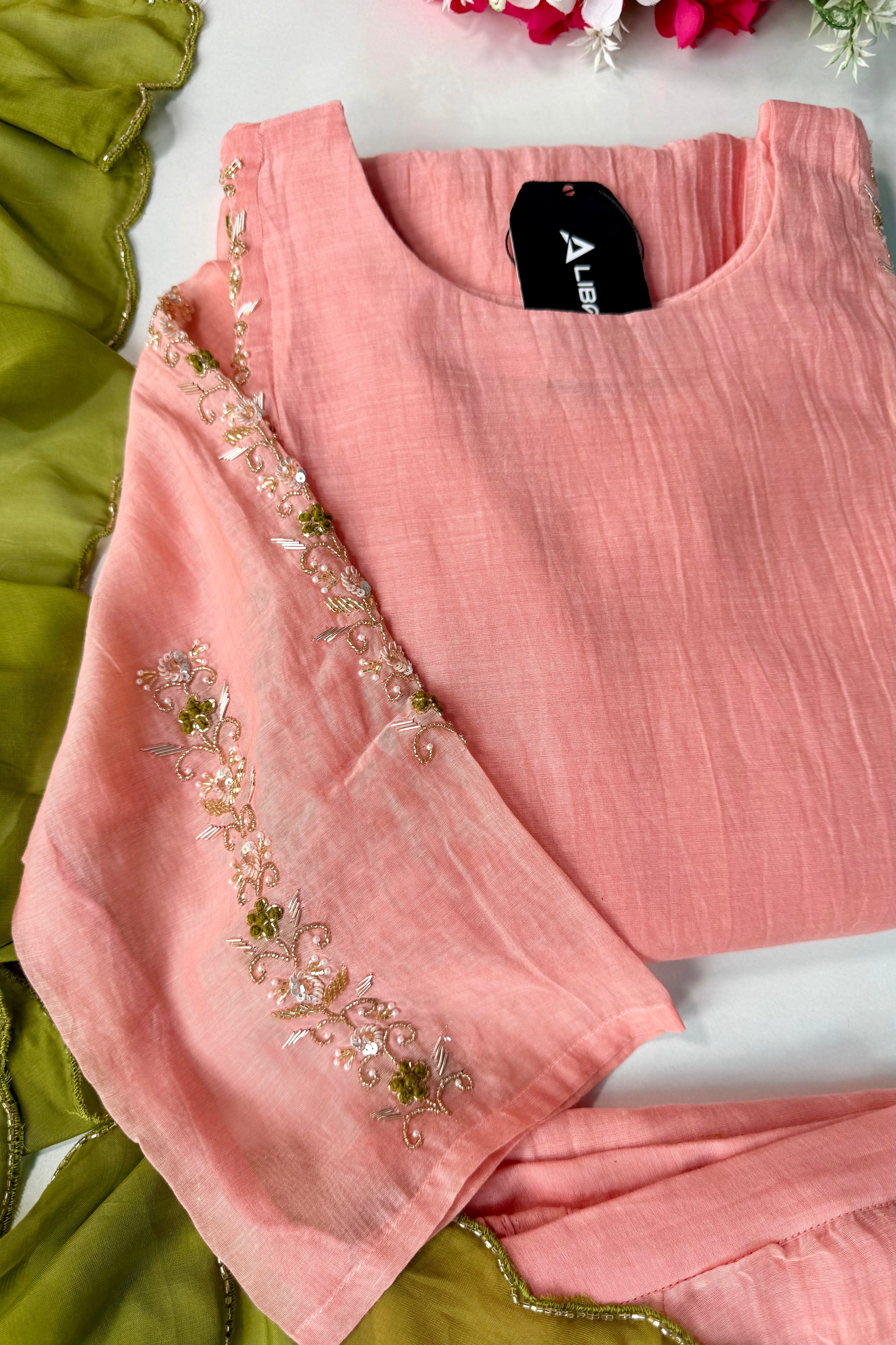 ✨ Princi- Premium Coral Rose Mul Chanderi Anarkali Kurta Set