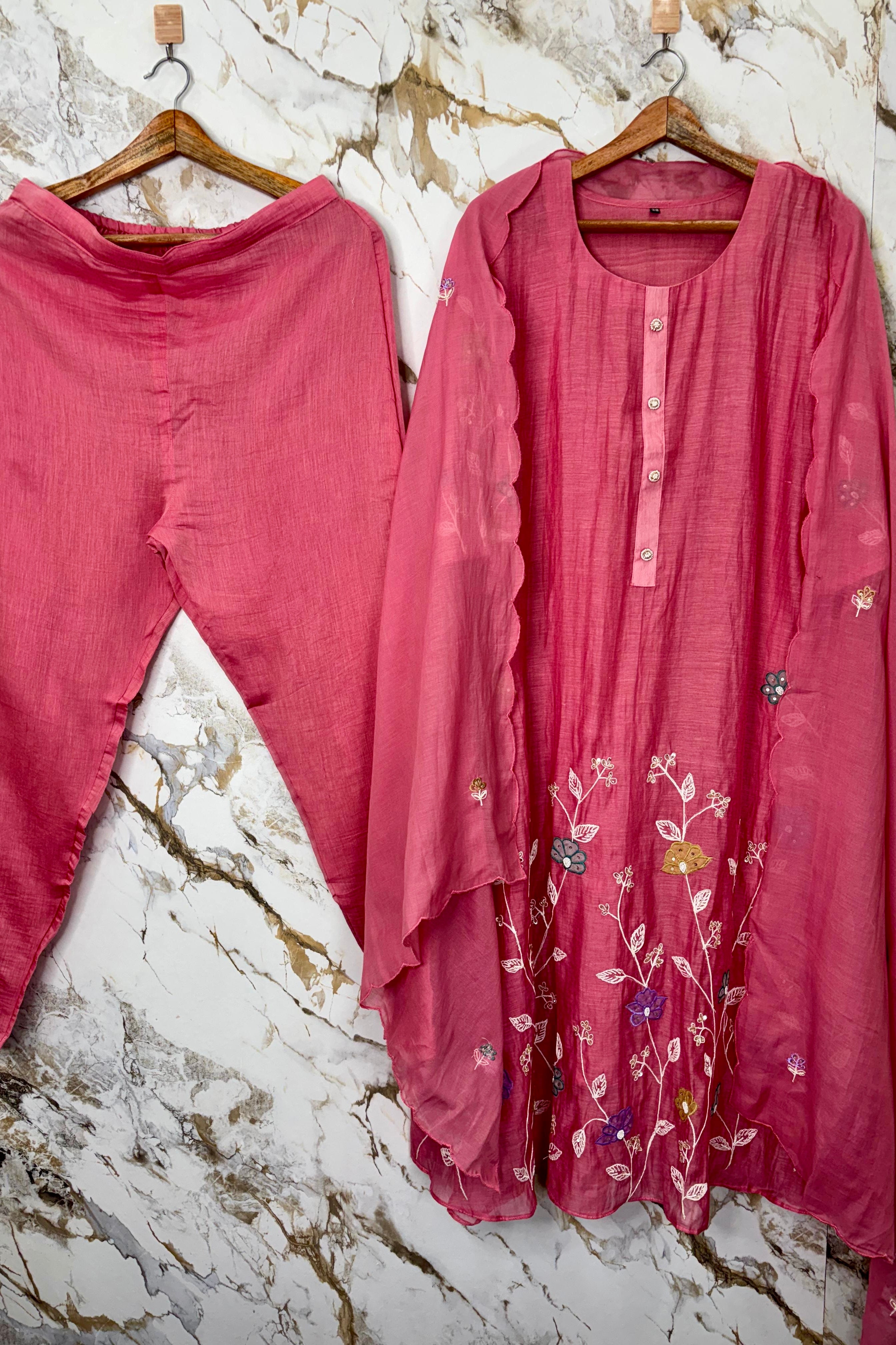 “Wow” Mul Chanderi Applique Embroidered A line Kurta Set