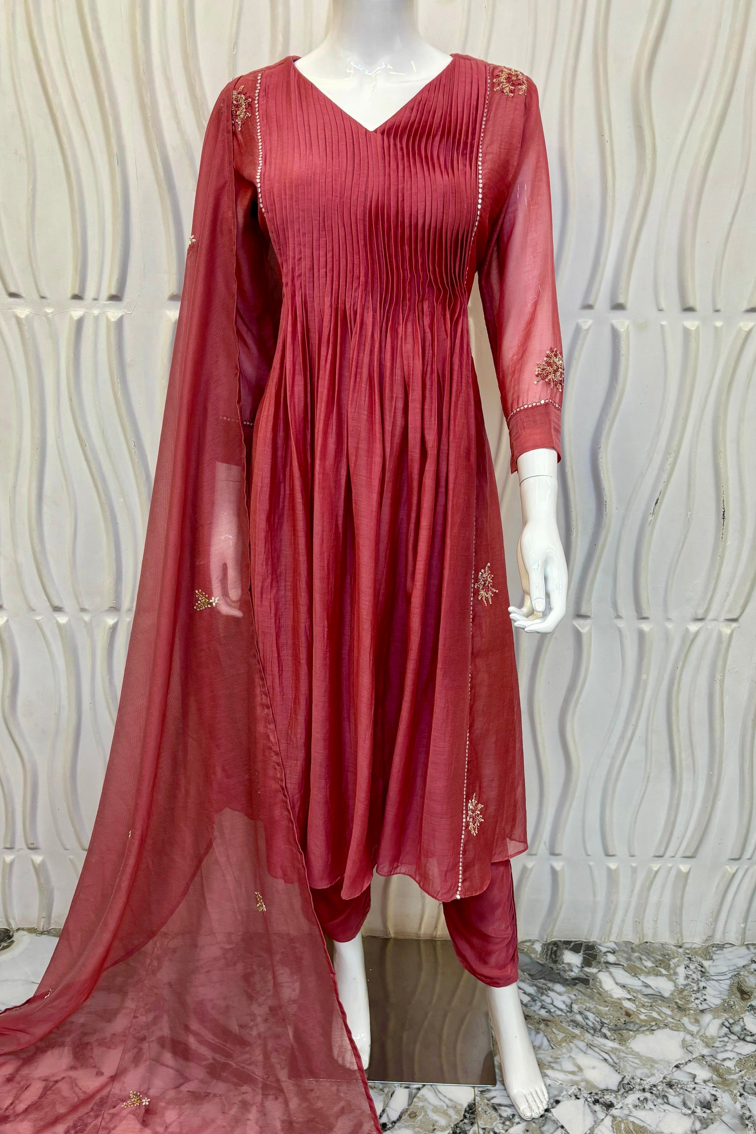 🛍️”Daisy –  Premium Red Mul Chanderi A Line Kurta Set