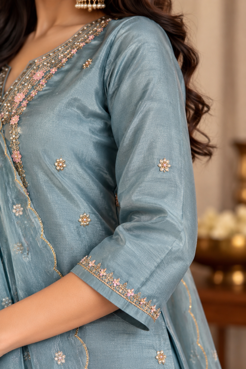 “Divya” Premium Blue Tissue Silk Kurta Set