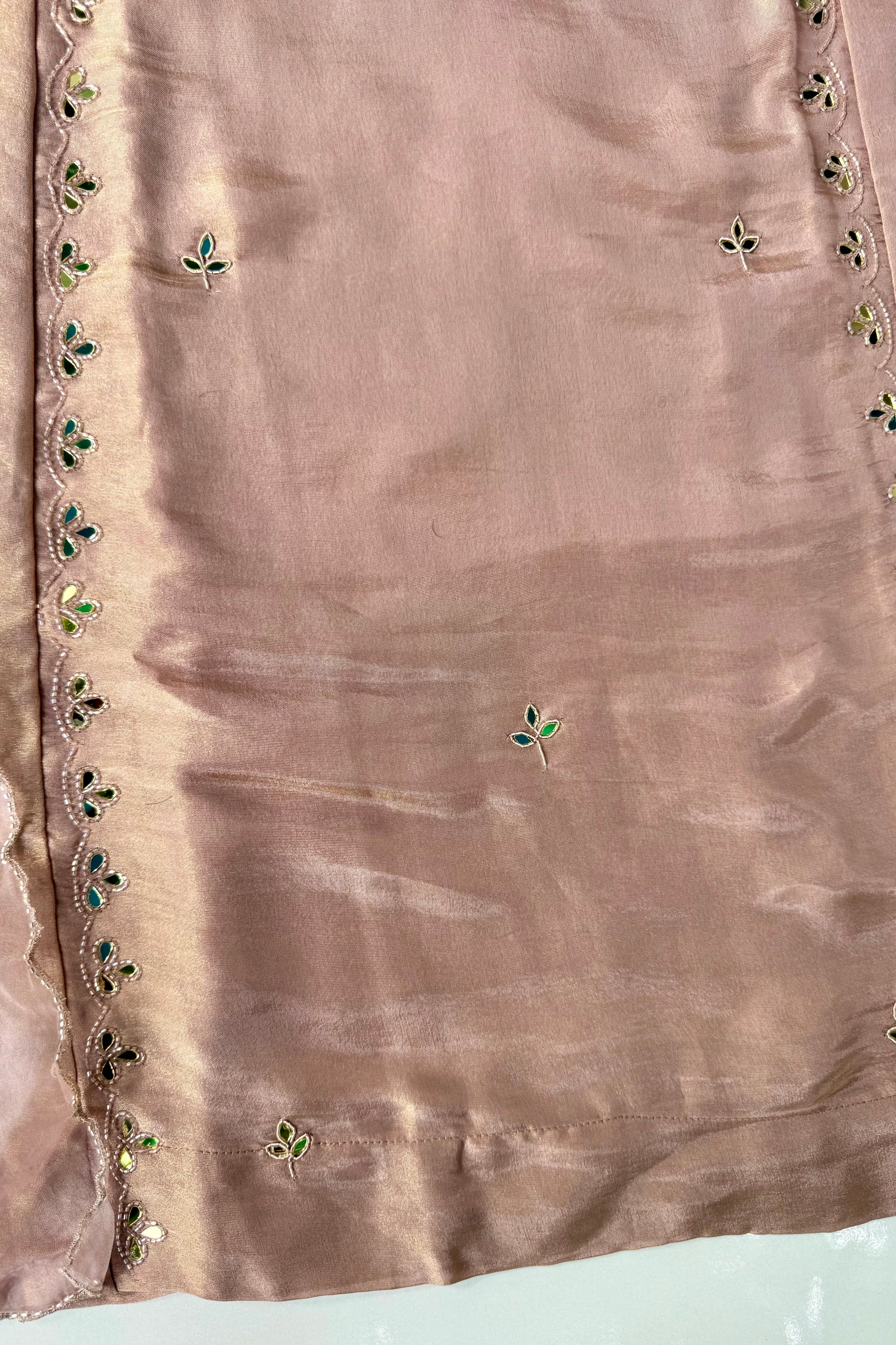 ✨Pearl – Premium Blush Mirror Work Tissue A Line Kurta Set